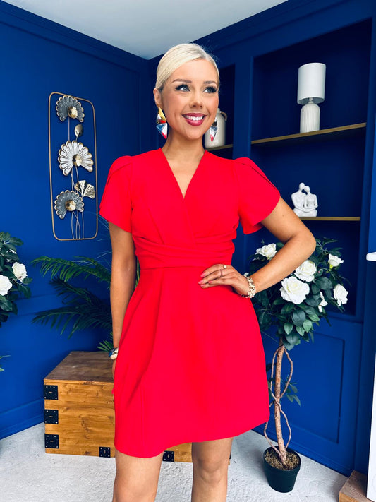 Bridget Twist Font Split Arm Mini Dress Red