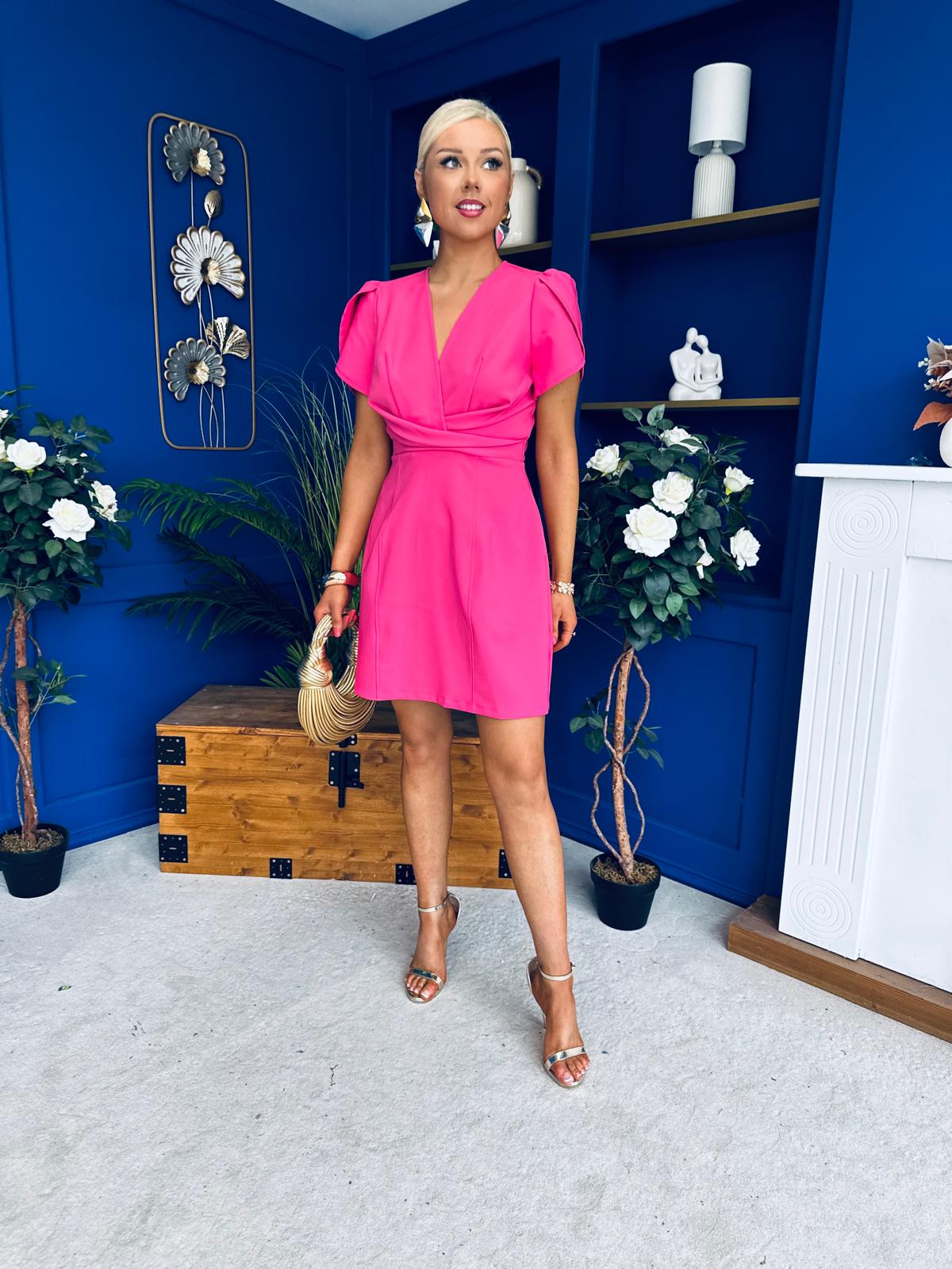 Bridget Twist Font Split Arm Mini Dress Hot Pink