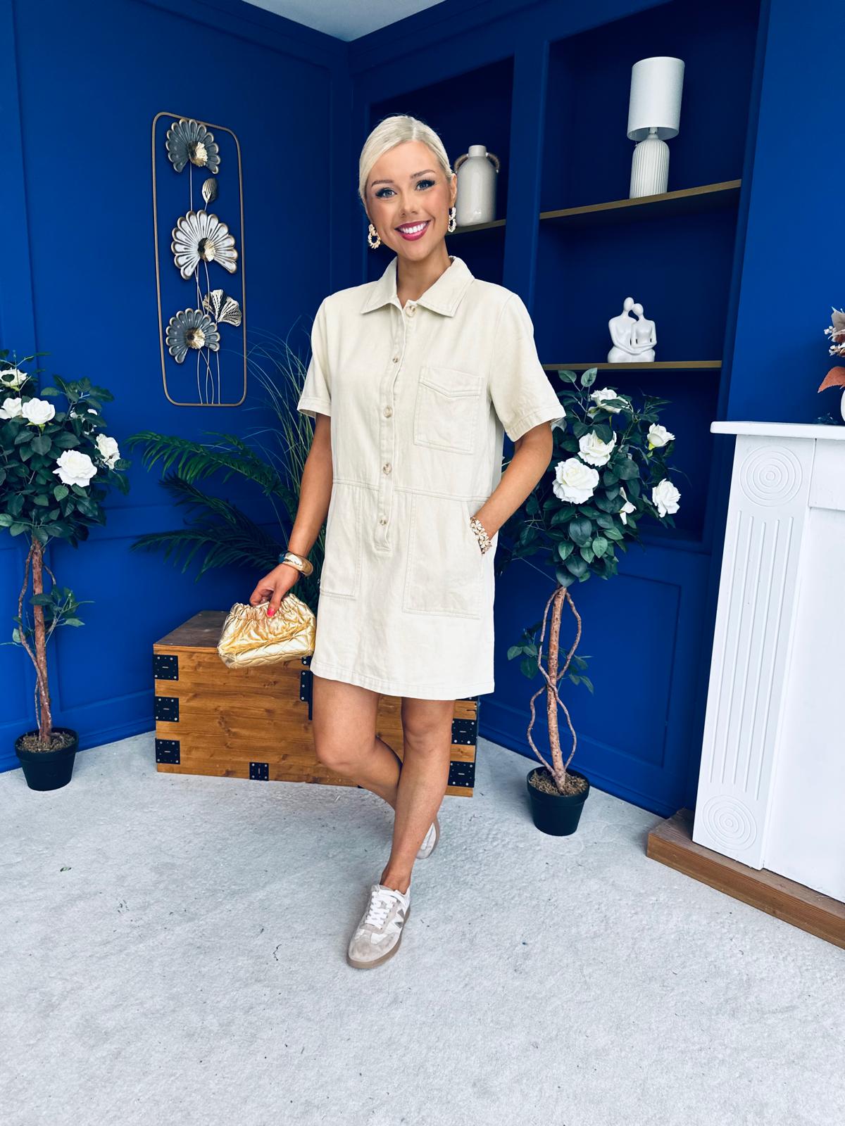 Maura Denim Mini Shift Dress Beige