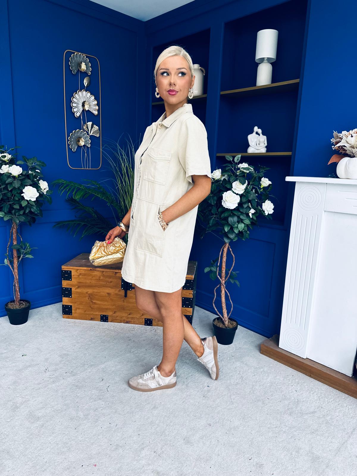 Maura Denim Mini Shift Dress Beige