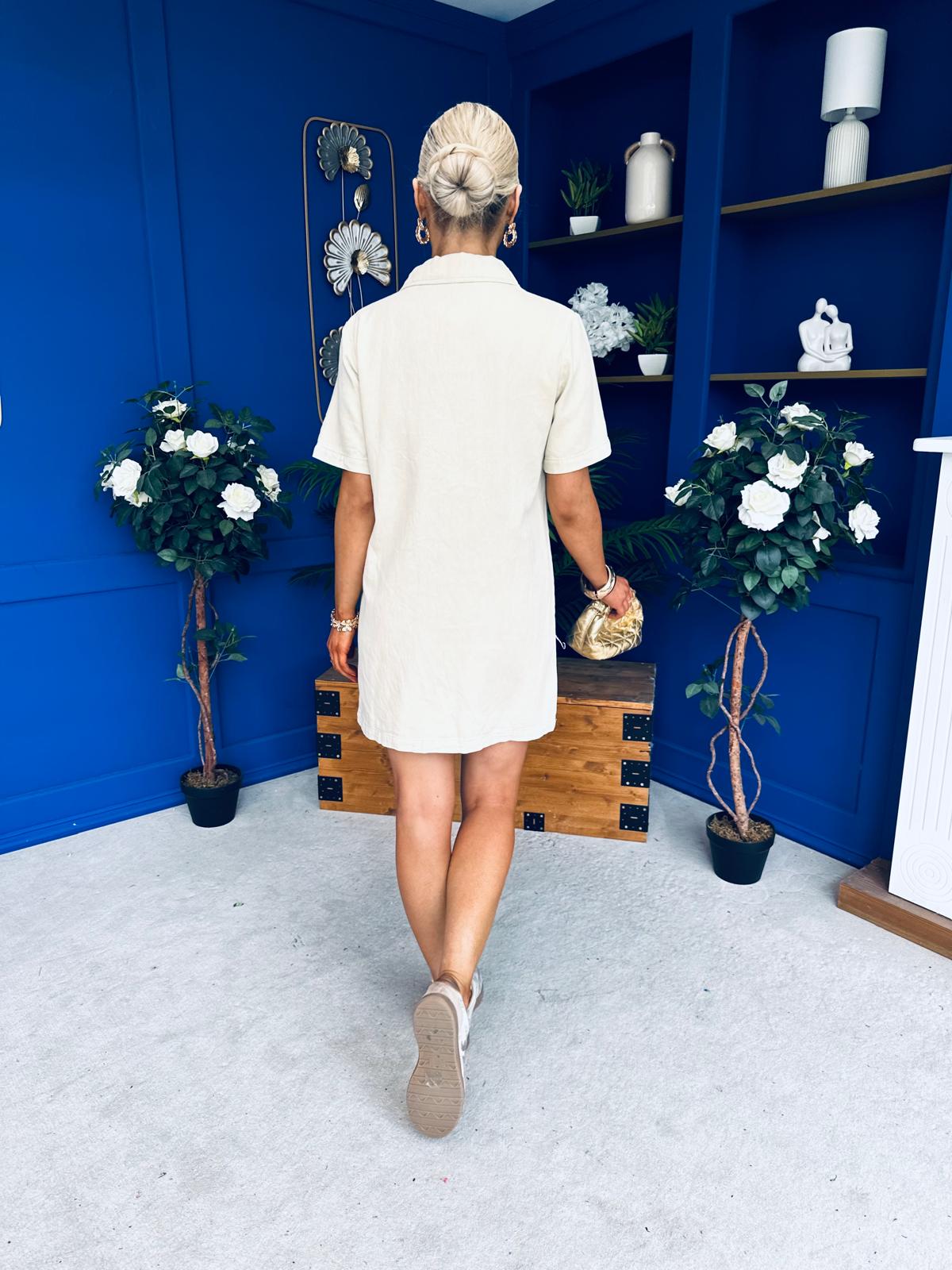 Maura Denim Mini Shift Dress Beige