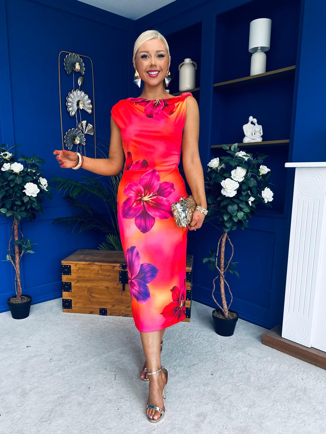 Estelle Floral Print Bodycon Midi Dress Coral
