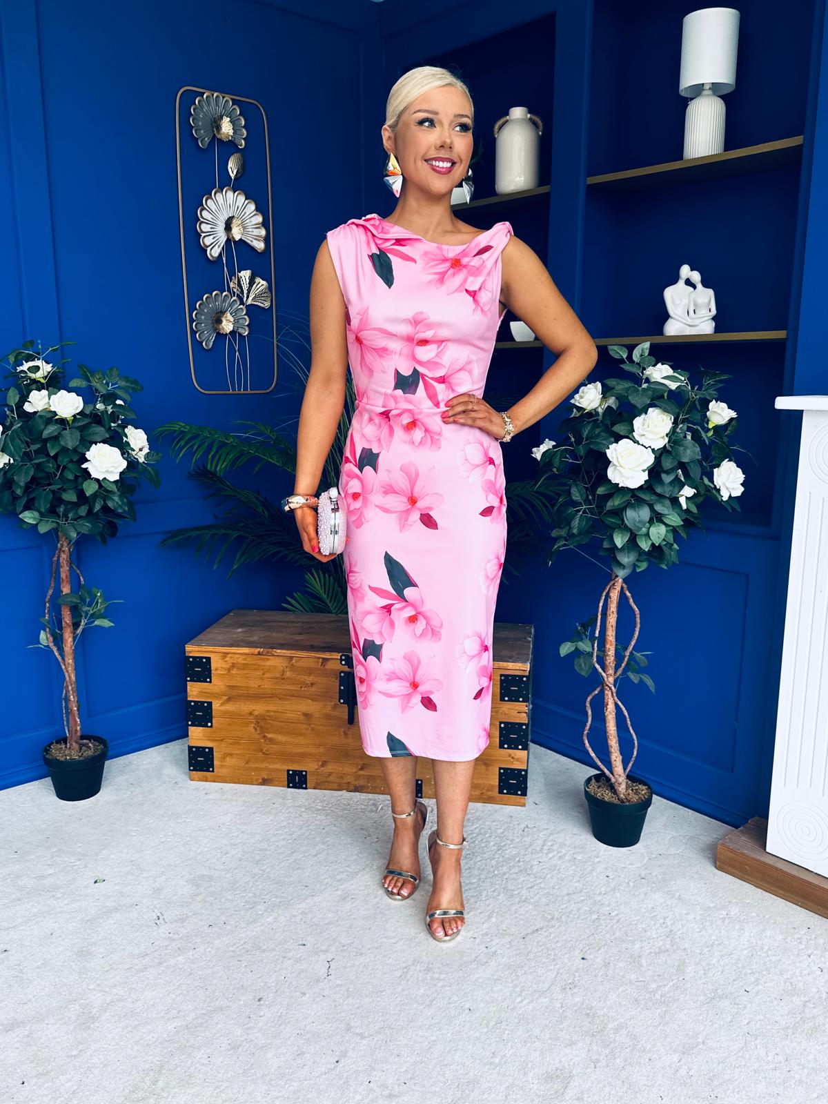 Estelle Floral Print Bodycon Midi Dress Pwr Pink Estelle Floral Print Bodycon Midi Dress Pwr Pink