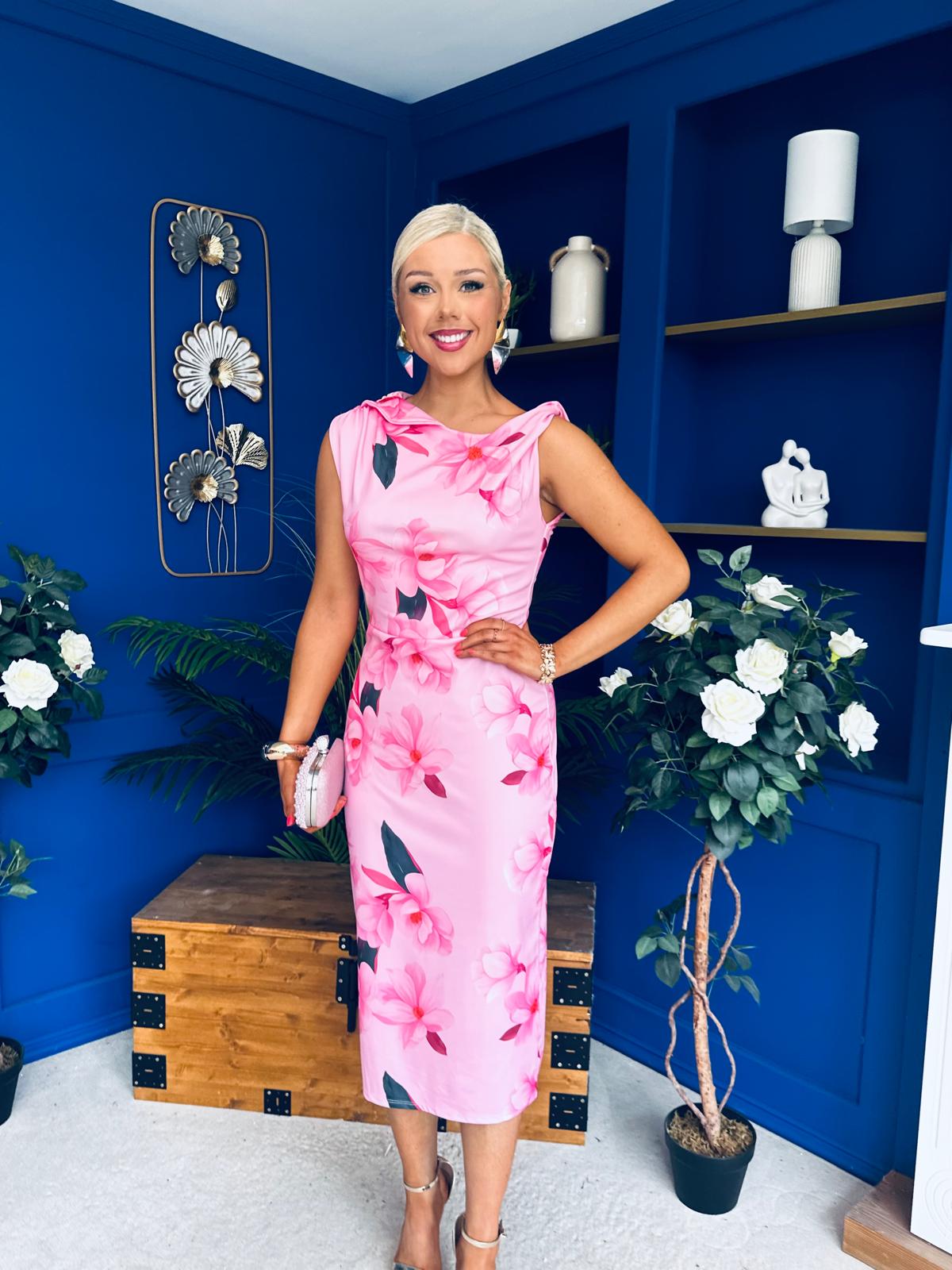 Estelle Floral Print Bodycon Midi Dress Pwr Pink