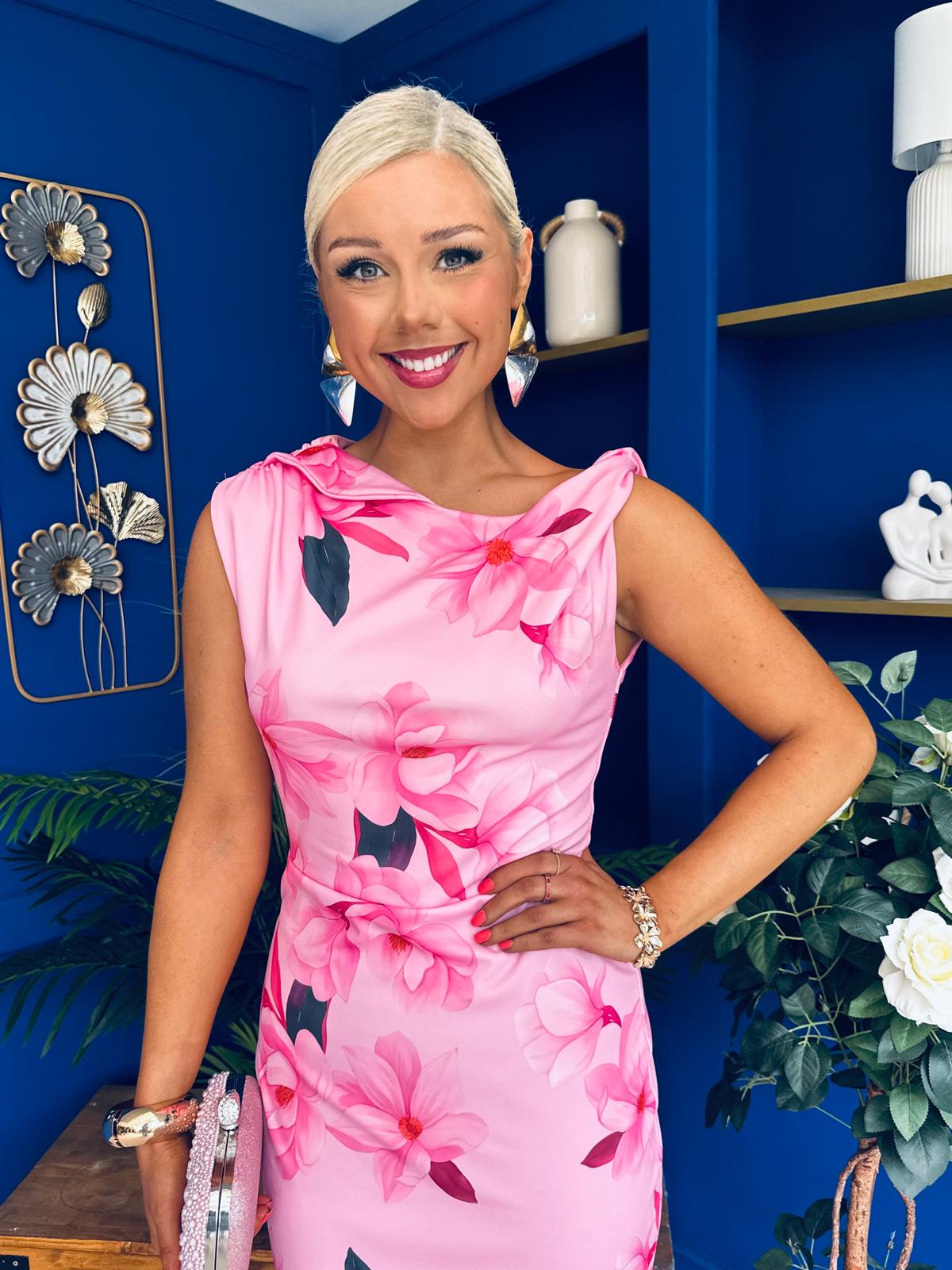 Estelle Floral Print Bodycon Midi Dress Pwr Pink