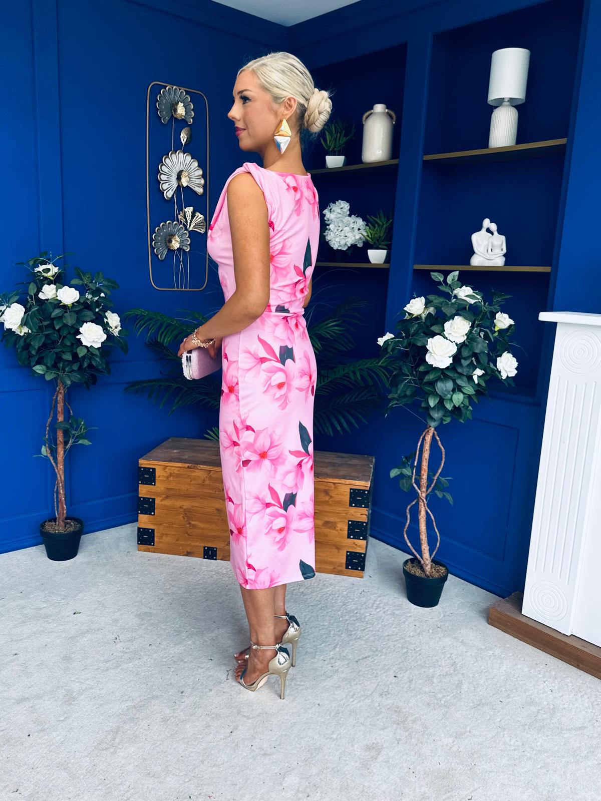Estelle Floral Print Bodycon Midi Dress Pwr Pink