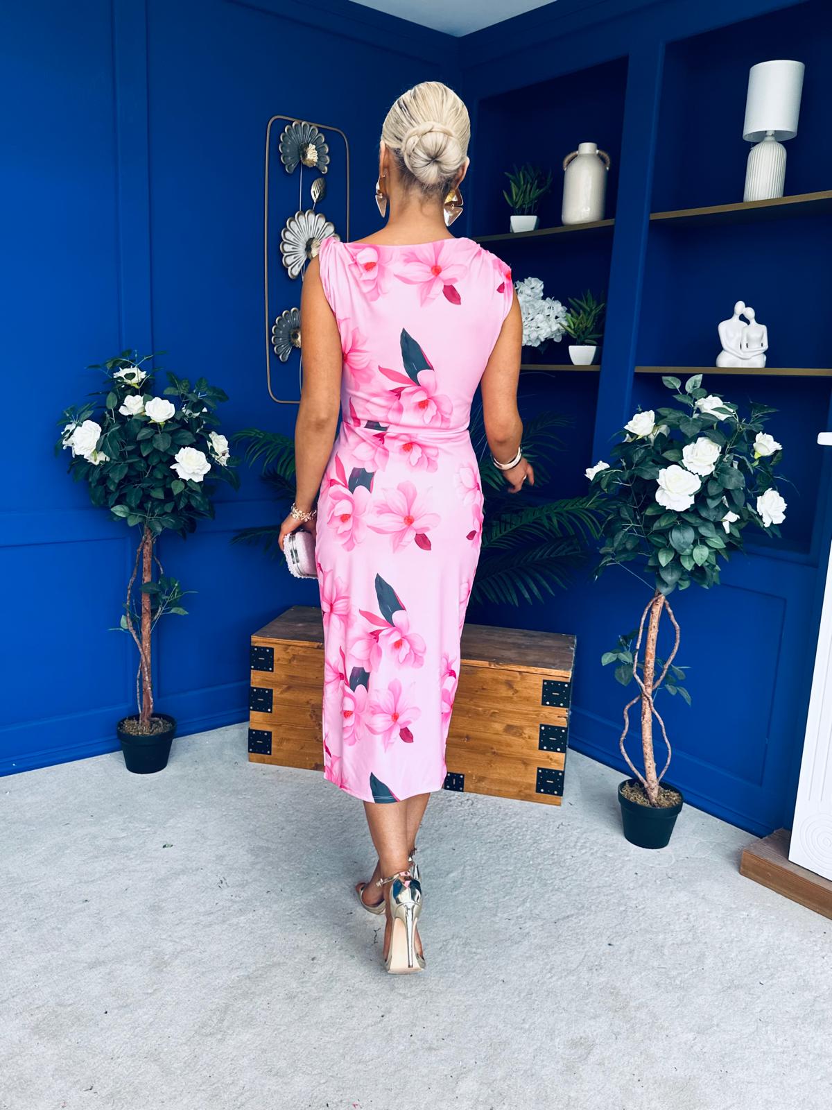 Estelle Floral Print Bodycon Midi Dress Pwr Pink
