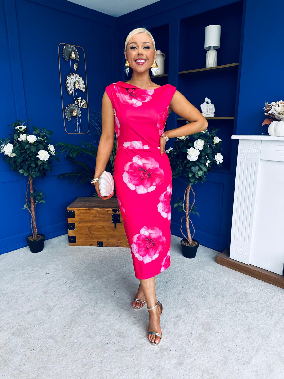 Estelle Floral Print Bodycon Midi Dress Hot Pink