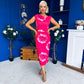 Estelle Floral Print Bodycon Midi Dress Hot Pink