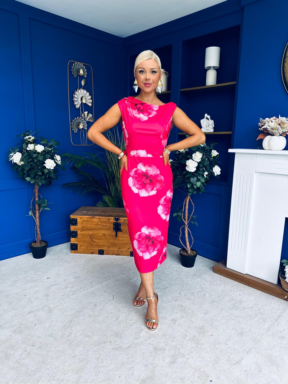 Estelle Floral Print Bodycon Midi Dress Hot Pink