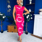 Estelle Floral Print Bodycon Midi Dress Hot Pink