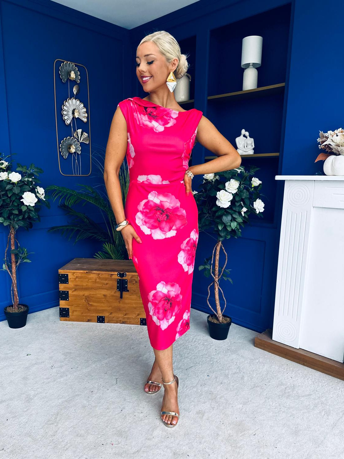 Estelle Floral Print Bodycon Midi Dress Hot Pink