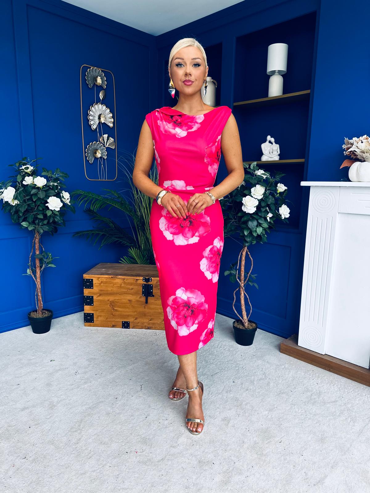 Estelle Floral Print Bodycon Midi Dress Hot Pink