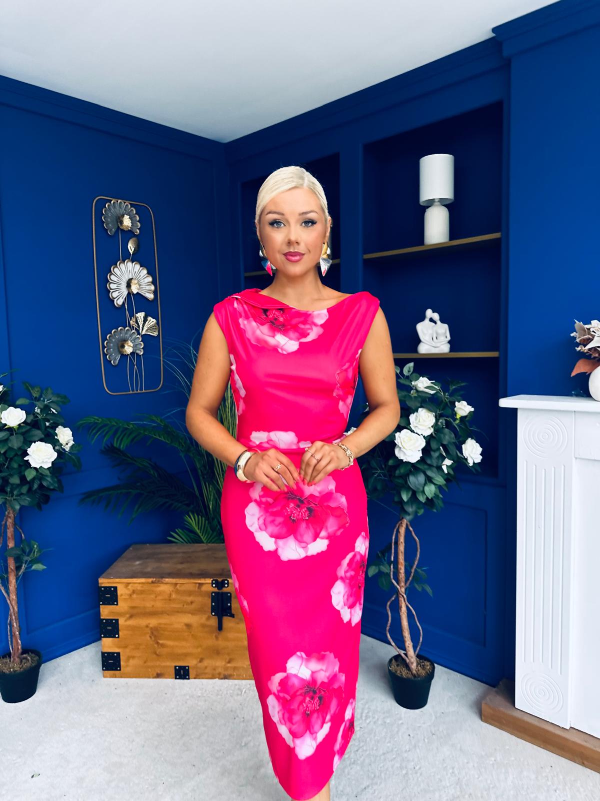 Estelle Floral Print Bodycon Midi Dress Hot Pink  Canella Lane