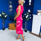 Estelle Floral Print Bodycon Midi Dress Hot Pink