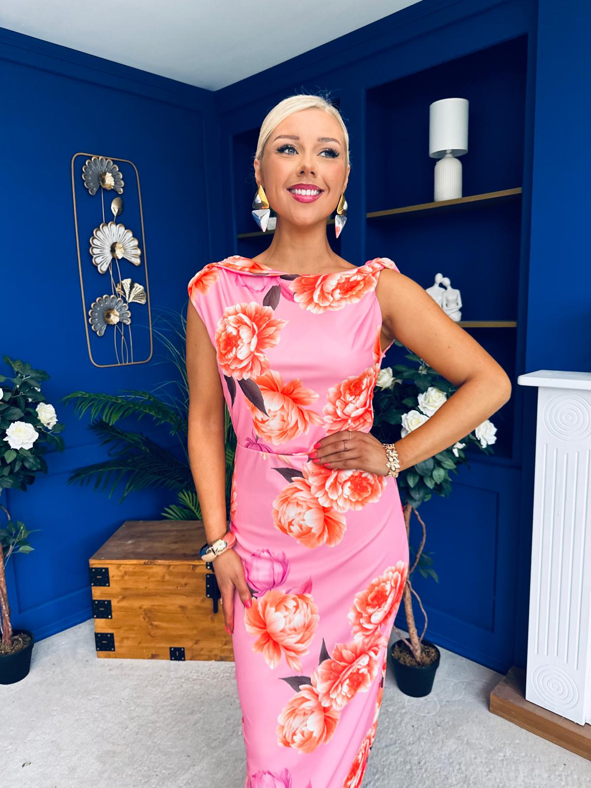Estelle Floral Print Bodycon Midi Dress Cerise