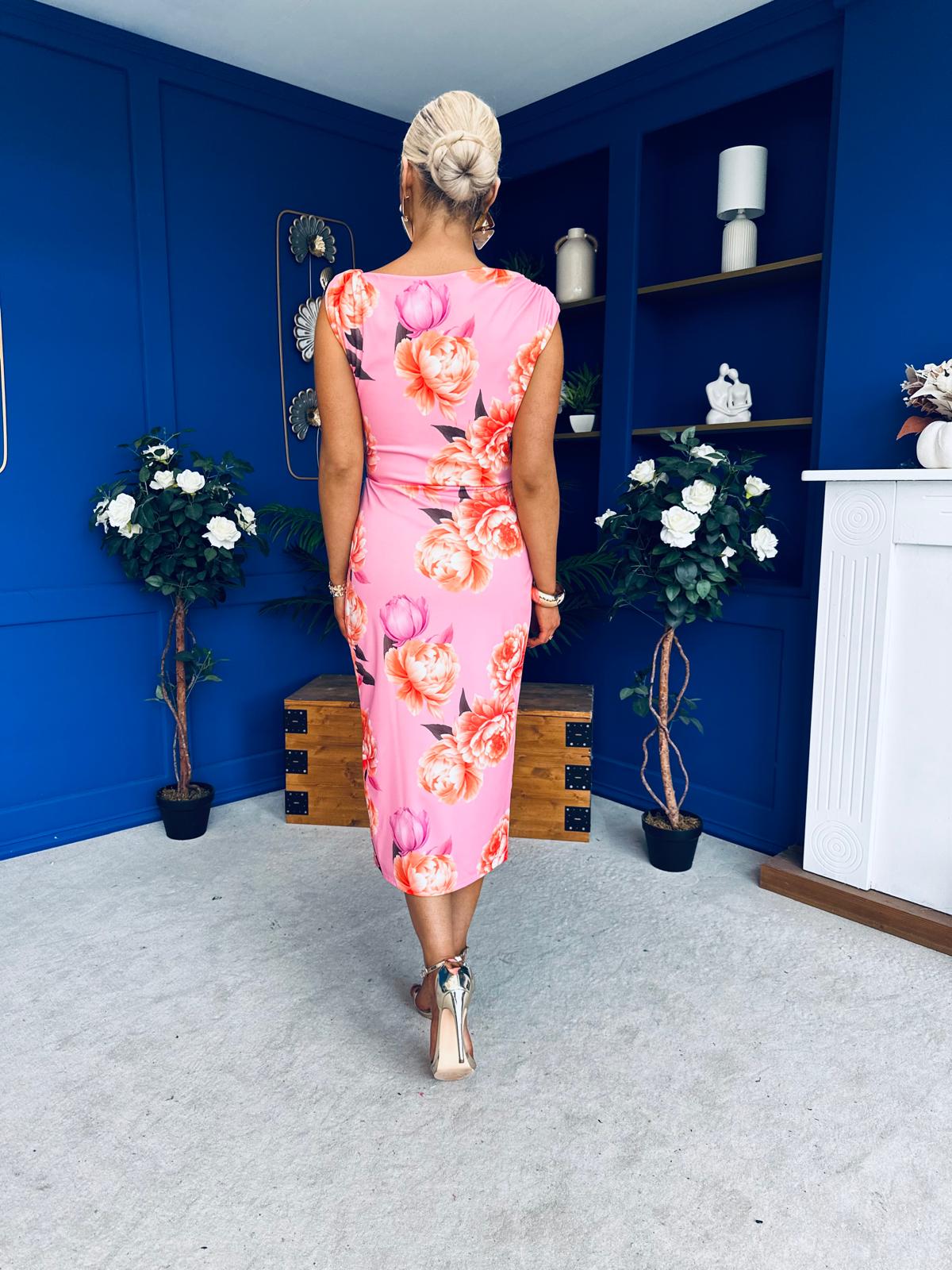 Estelle Floral Print Bodycon Midi Dress Cerise