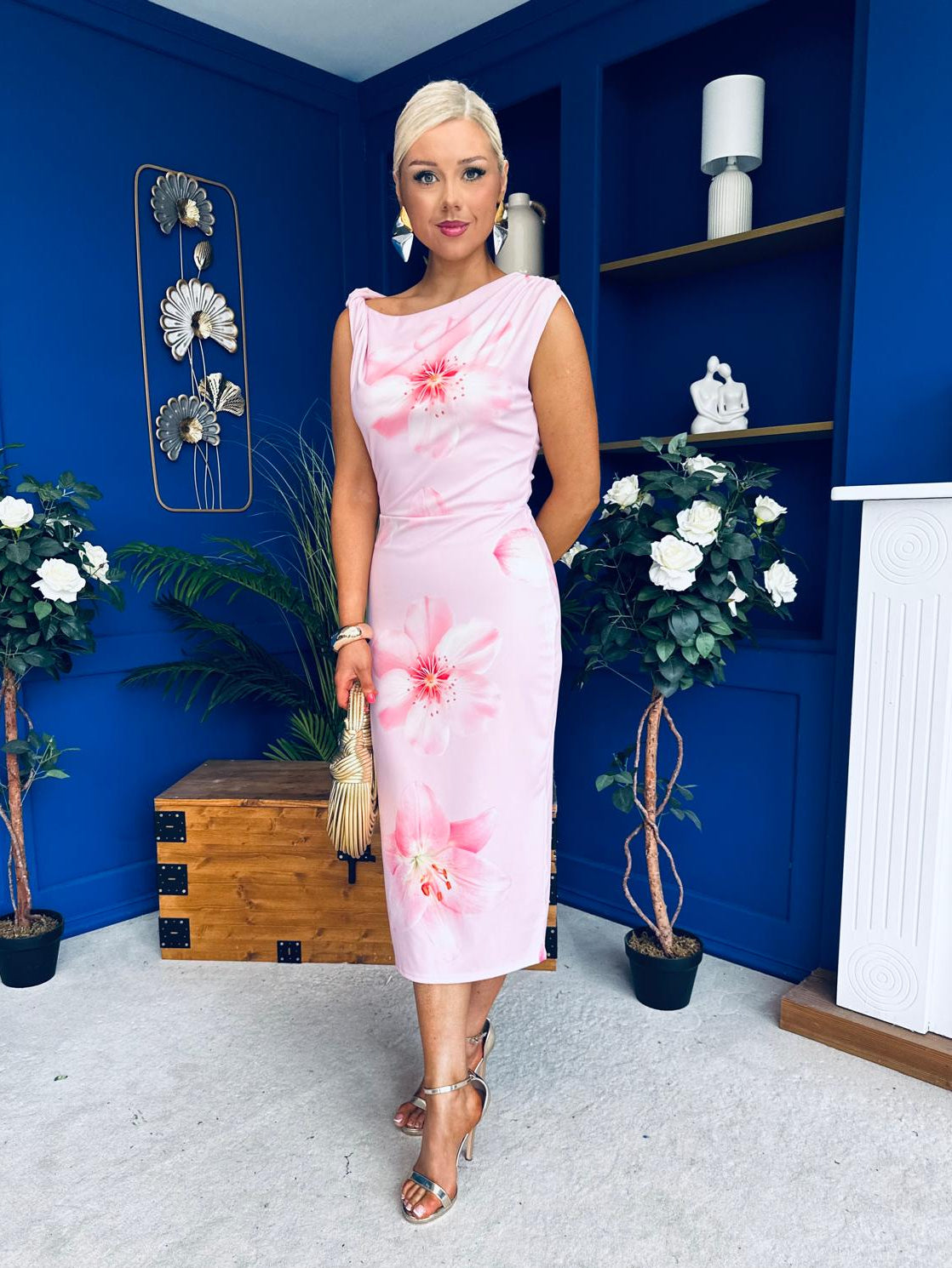 Estelle Floral Print Bodycon Midi Dress Baby Pink