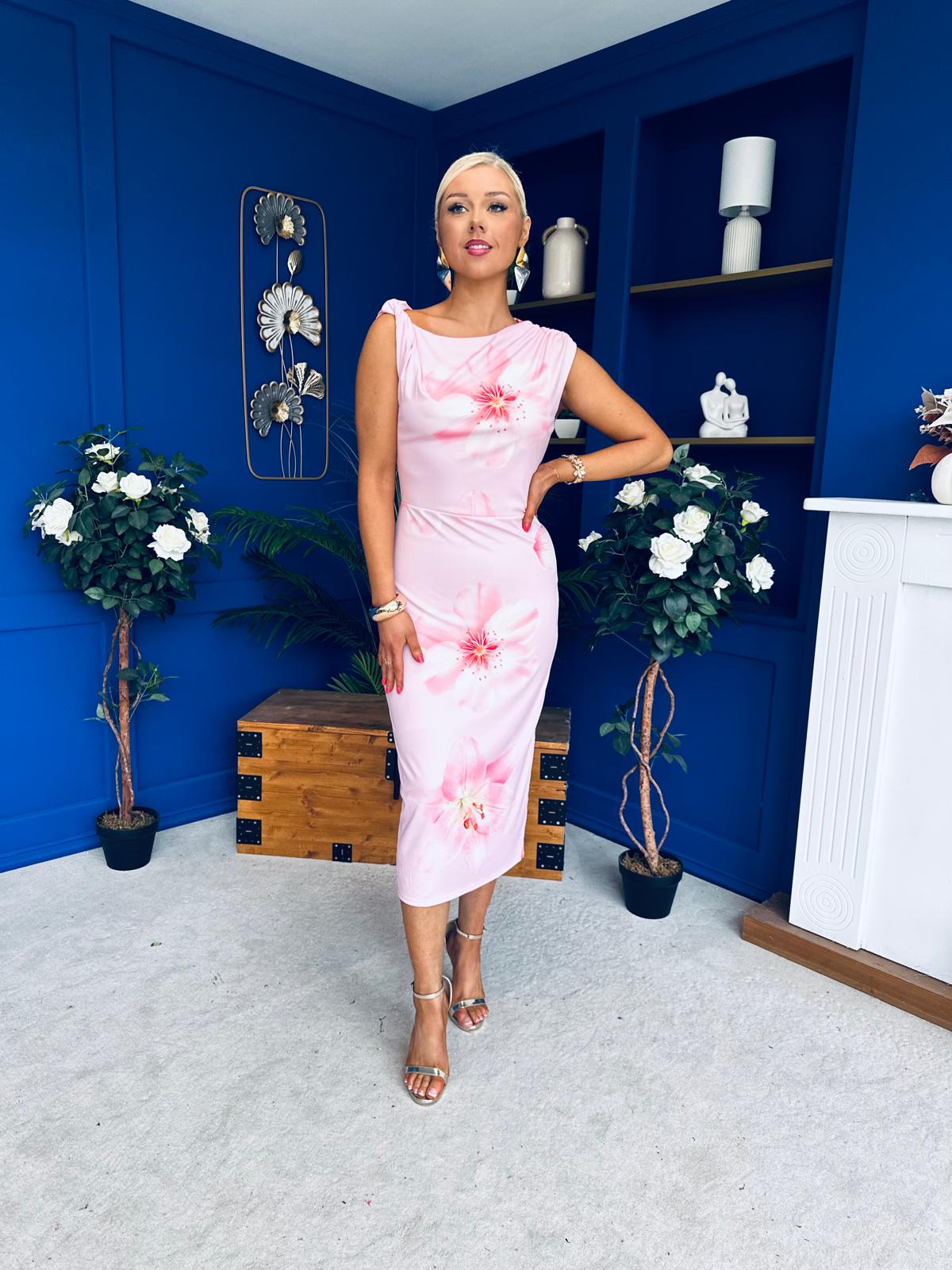 Estelle Floral Print Bodycon Midi Dress Baby Pink