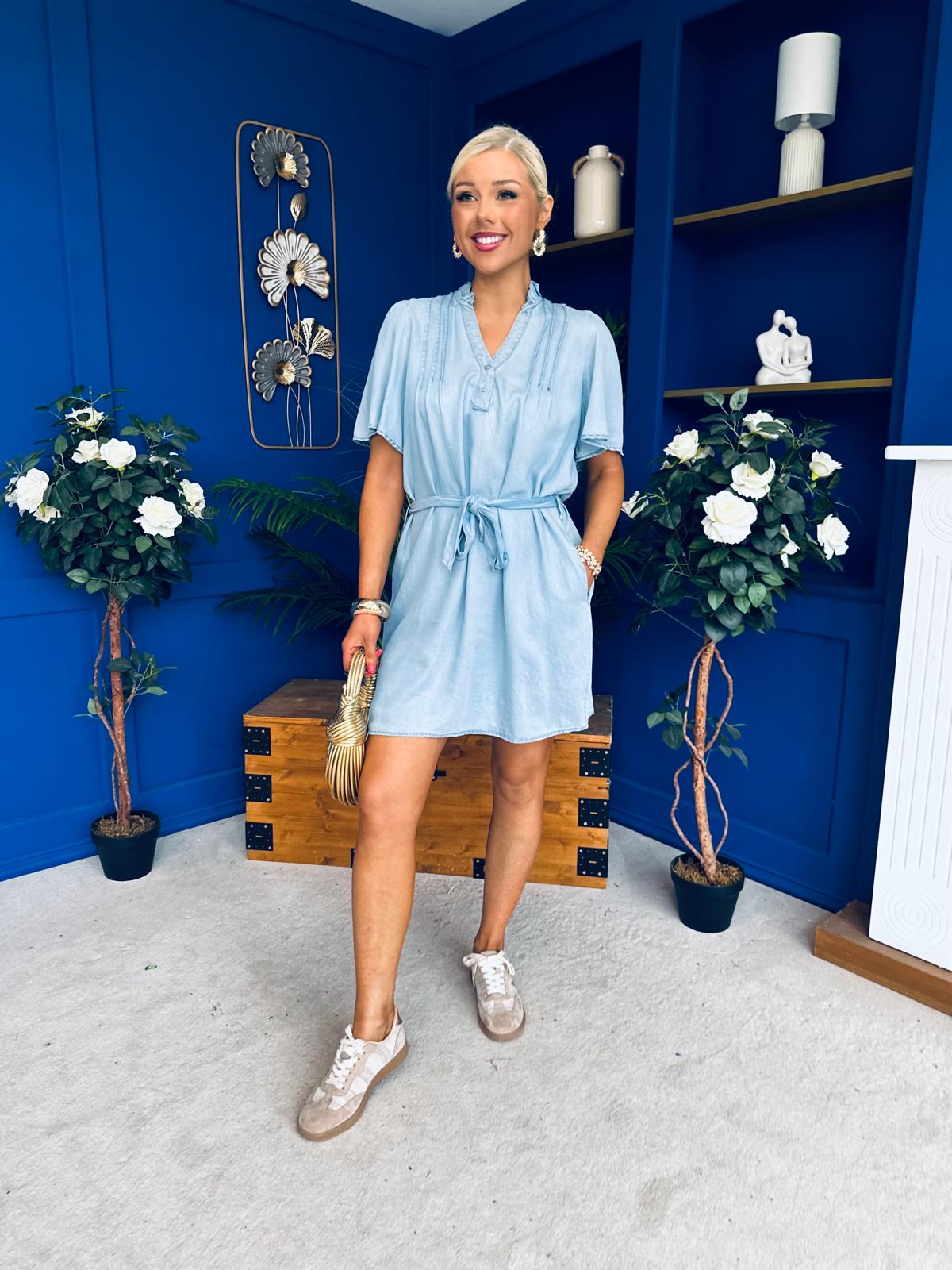 Polly Belted Mini Shift Dress Blue