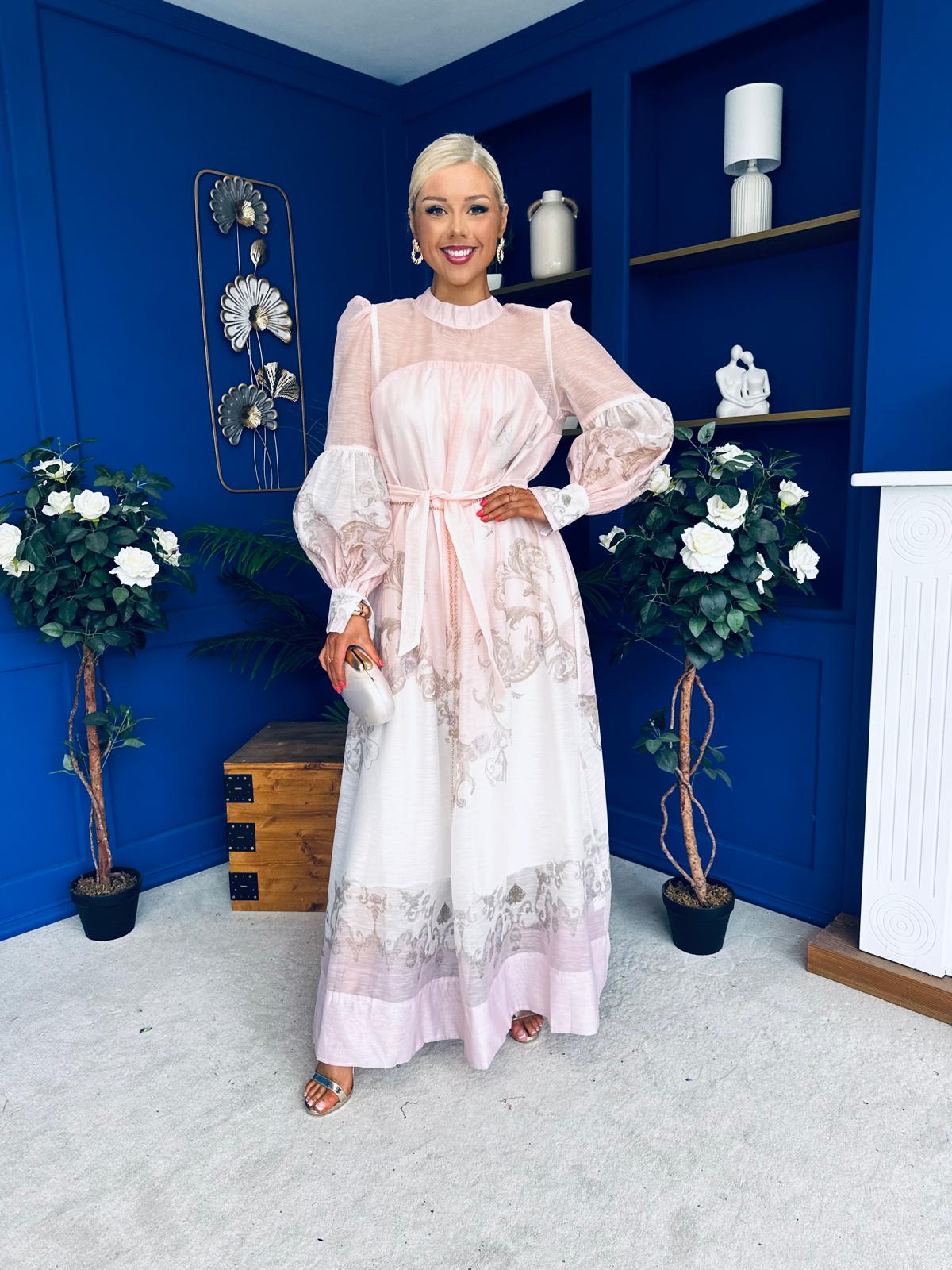 Marilyn Puff Sleeve Shirt Dress Pastel Scroll