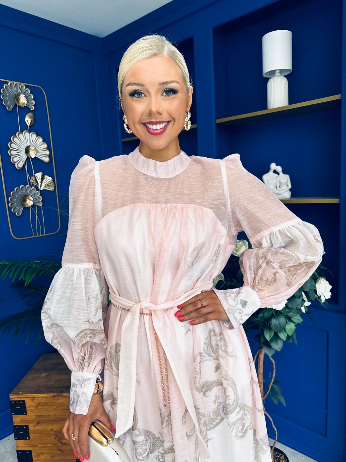 Marilyn Puff Sleeve Shirt Dress Pastel Scroll