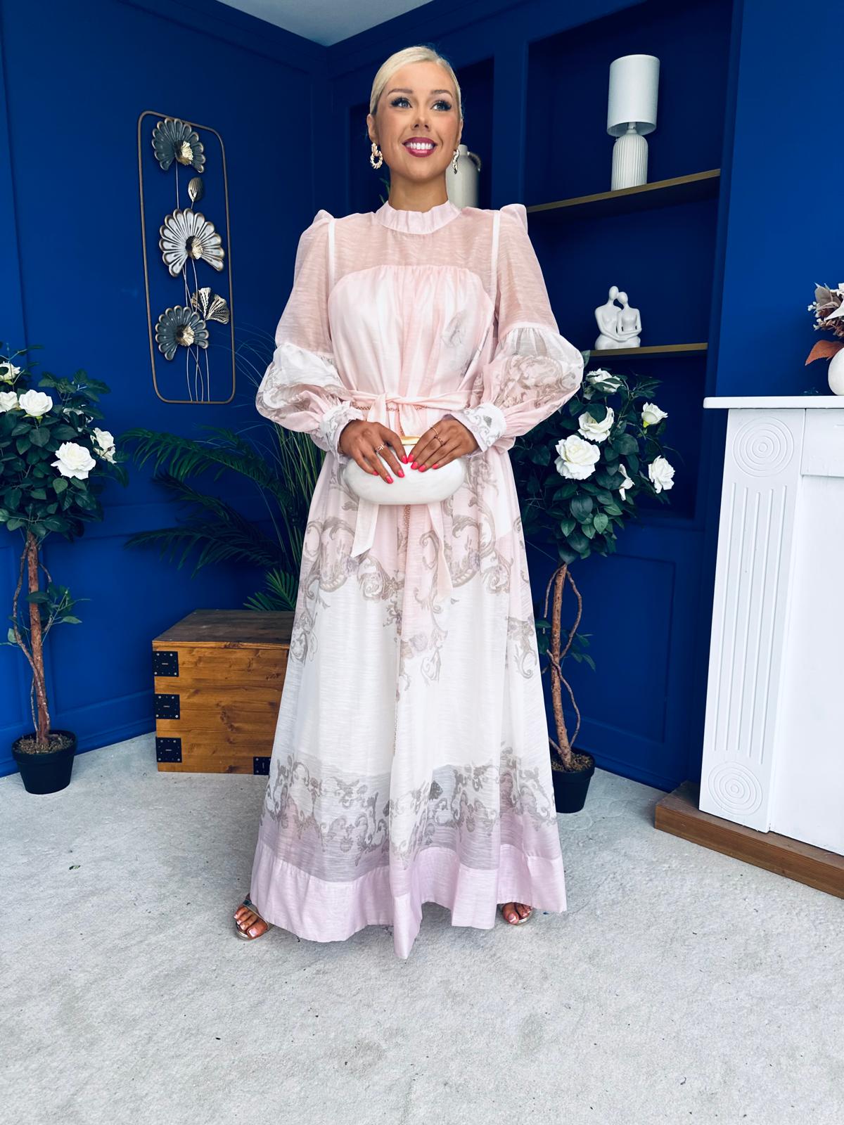 Marilyn Puff Sleeve Shirt Dress Pastel Scroll