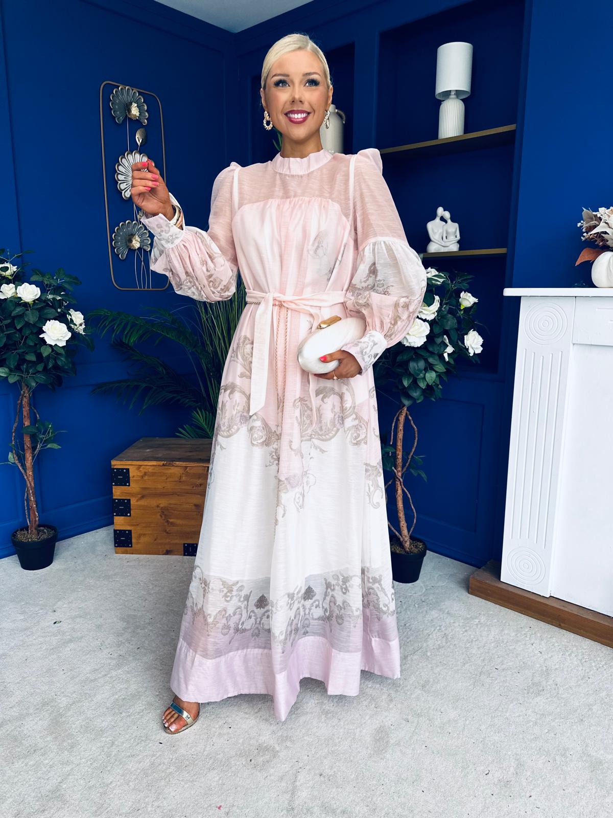 Marilyn Puff Sleeve Shirt Dress Pastel Scroll