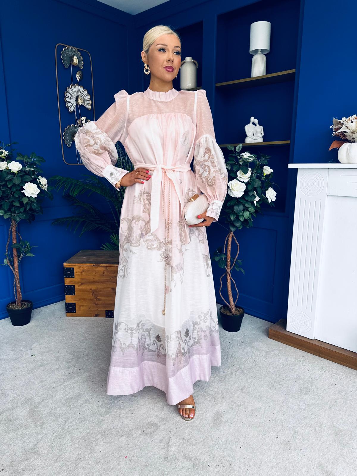 Marilyn Puff Sleeve Shirt Dress Pastel Scroll