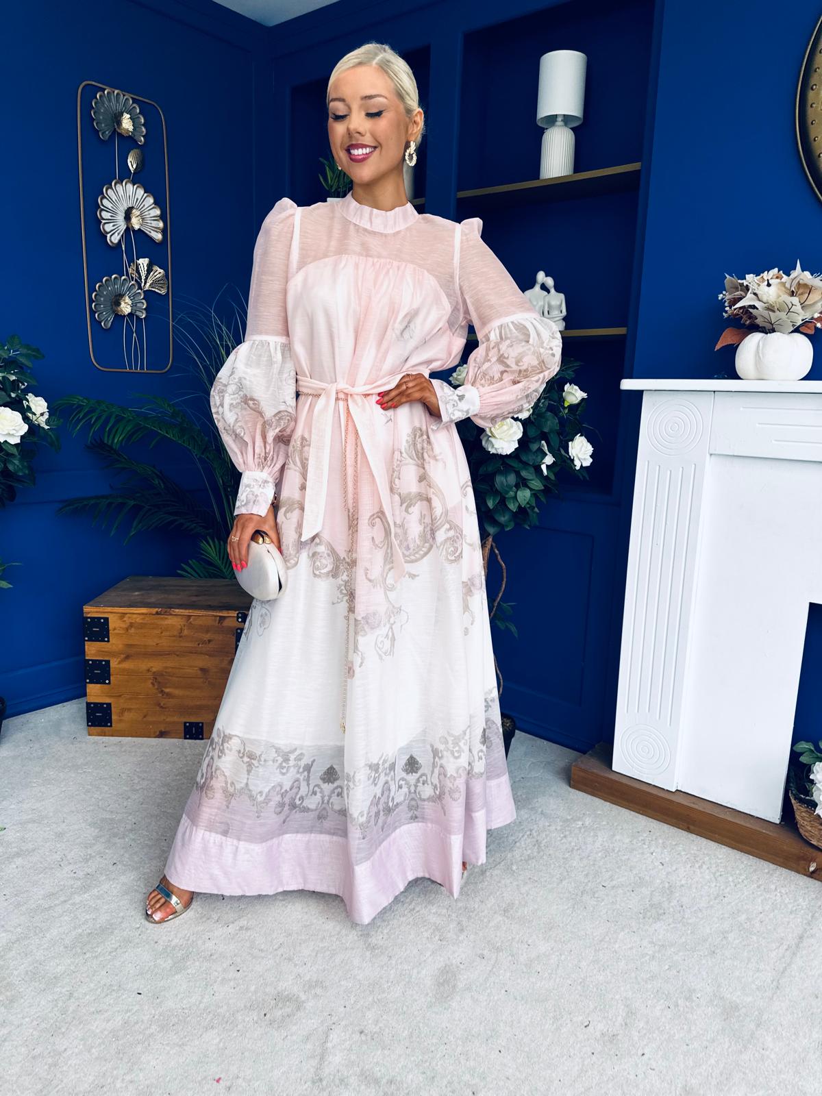 Marilyn Puff Sleeve Shirt Dress Pastel Scroll