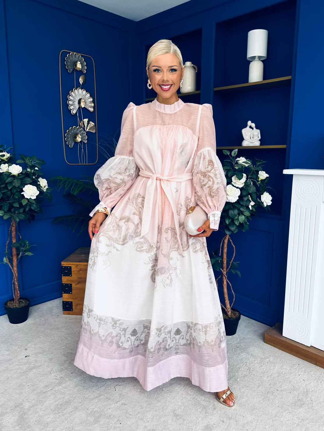 Marilyn Puff Sleeve Shirt Dress Pastel Scroll