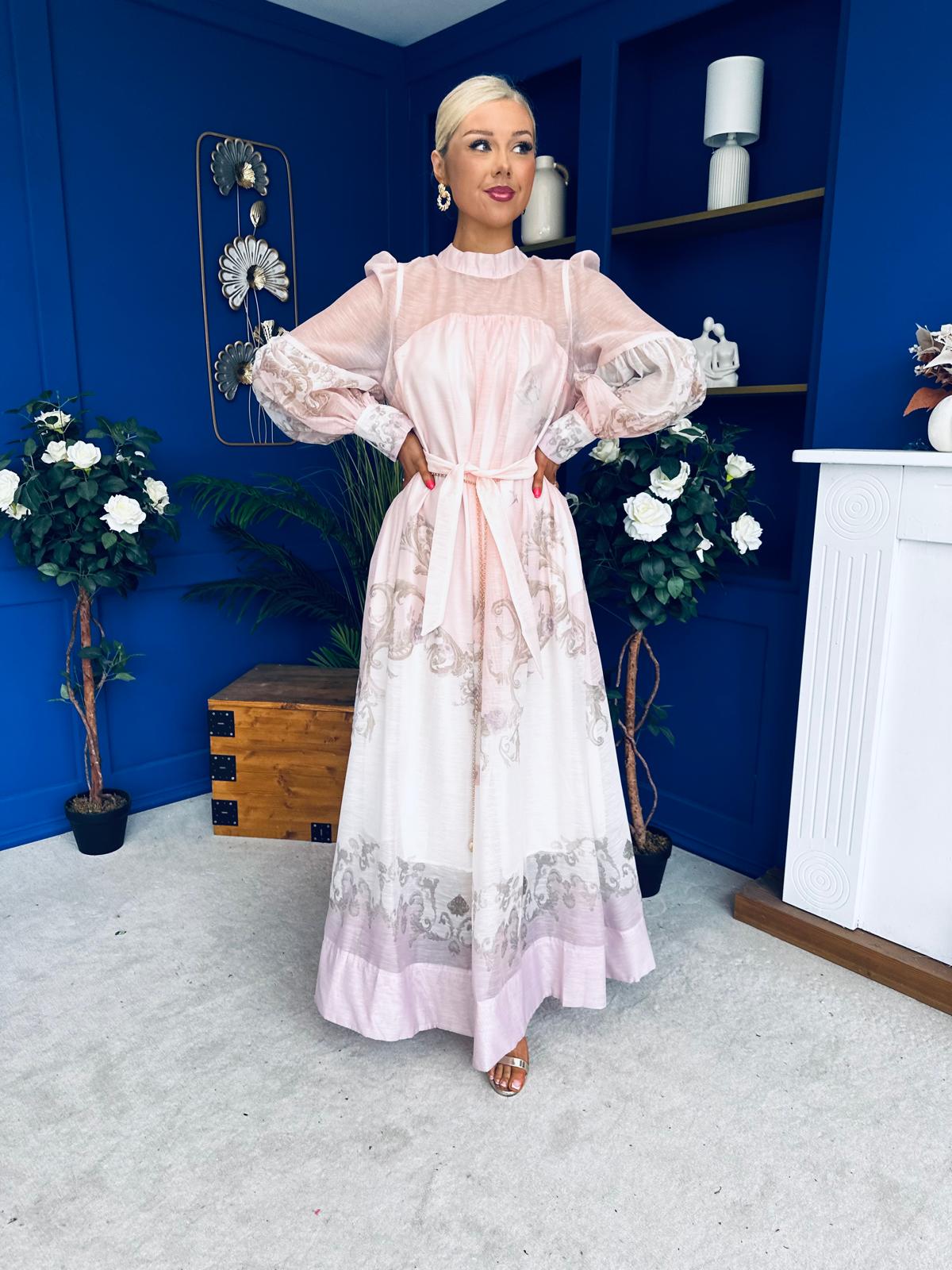 Marilyn Puff Sleeve Shirt Dress Pastel Scroll