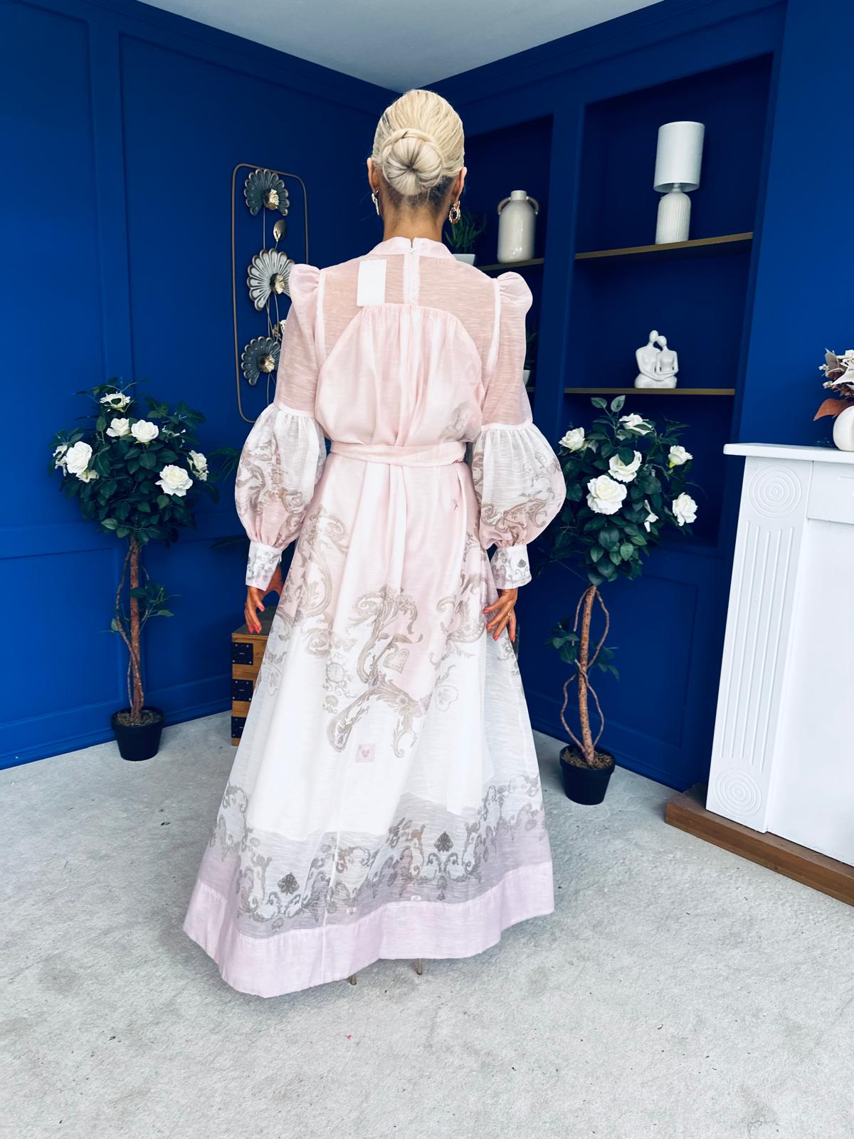 Marilyn Puff Sleeve Shirt Dress Pastel Scroll