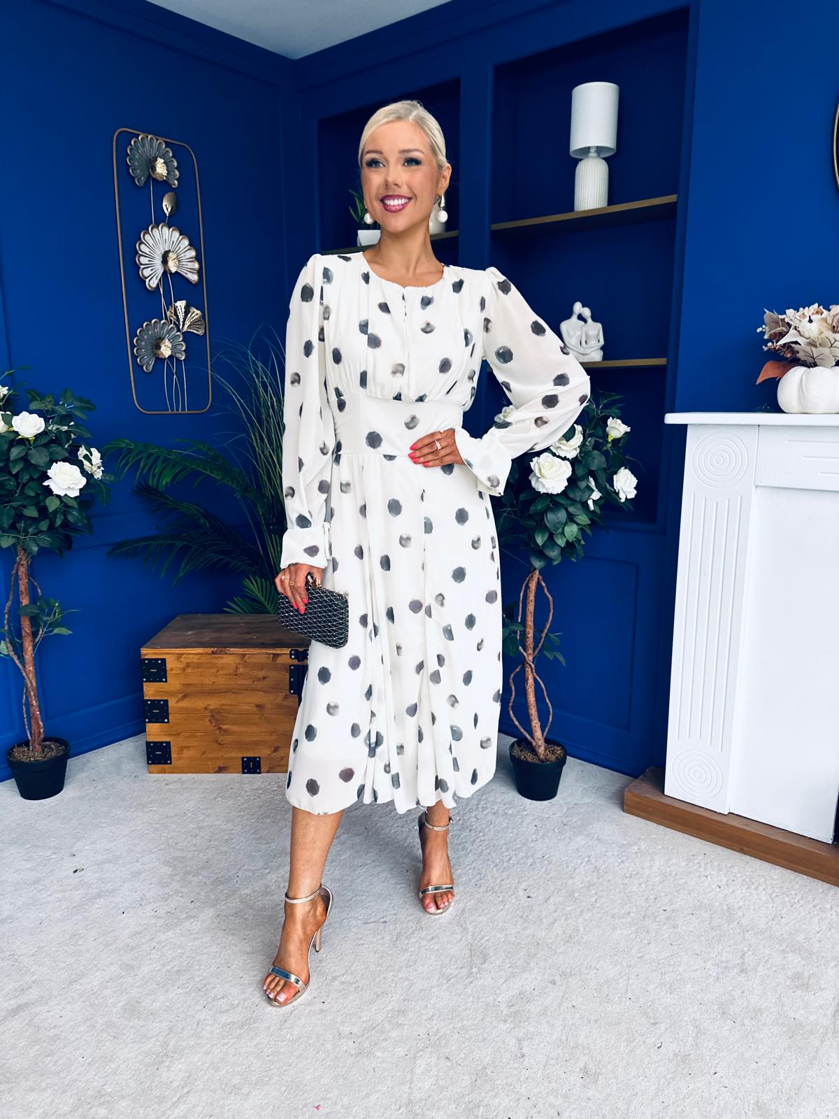 Teagan Banded Midi Dress Spot Cream