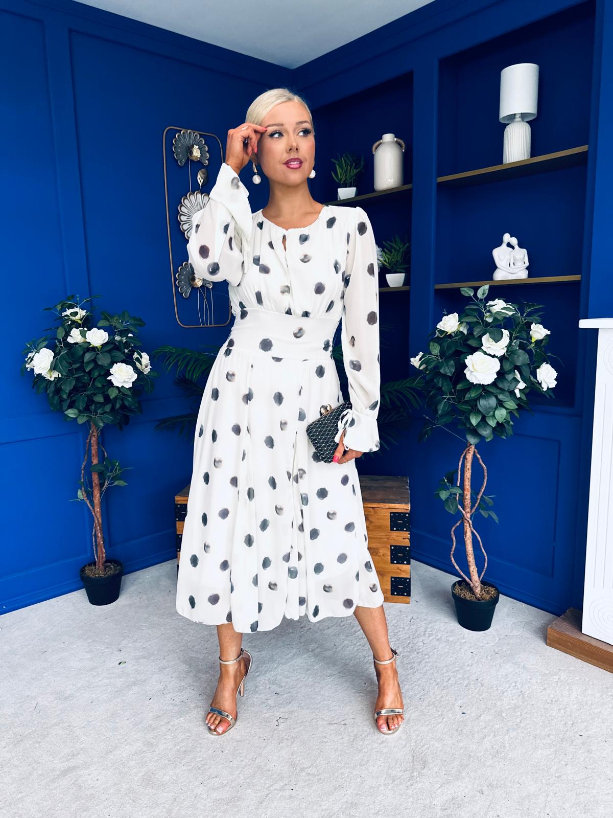 Teagan Banded Midi Dress Spot Cream