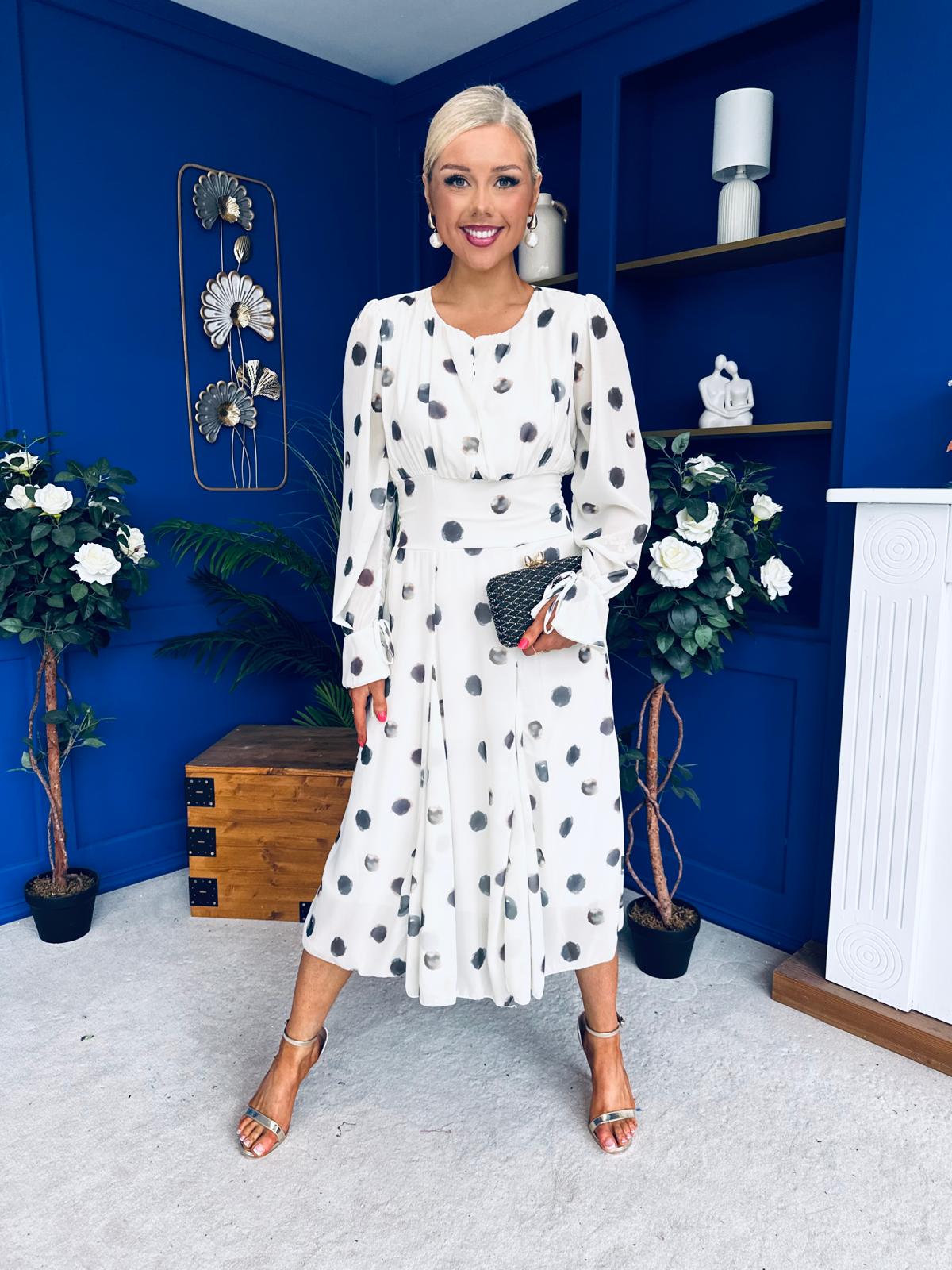Teagan Banded Midi Dress Spot Cream