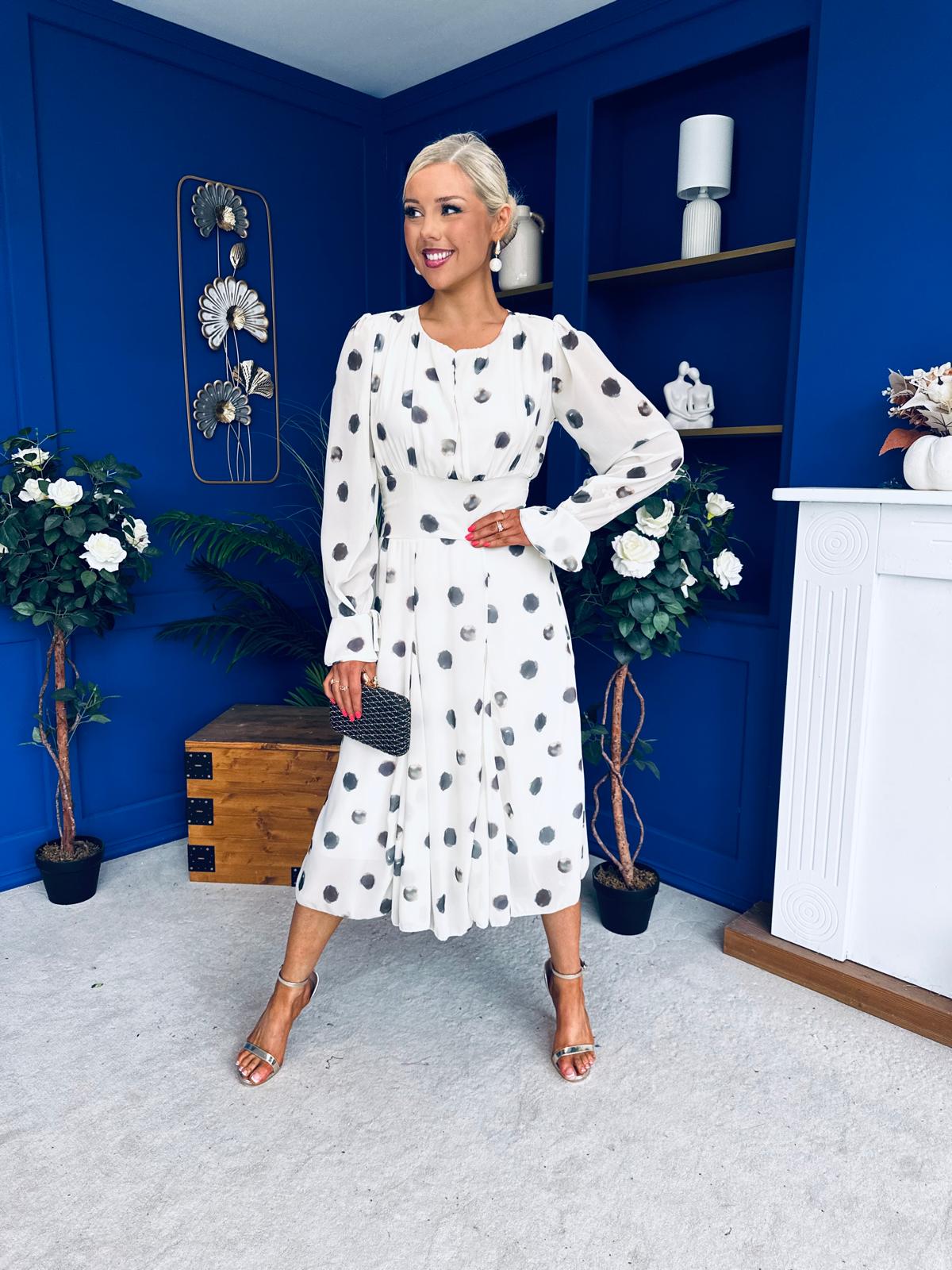 Teagan Banded Midi Dress Spot Cream