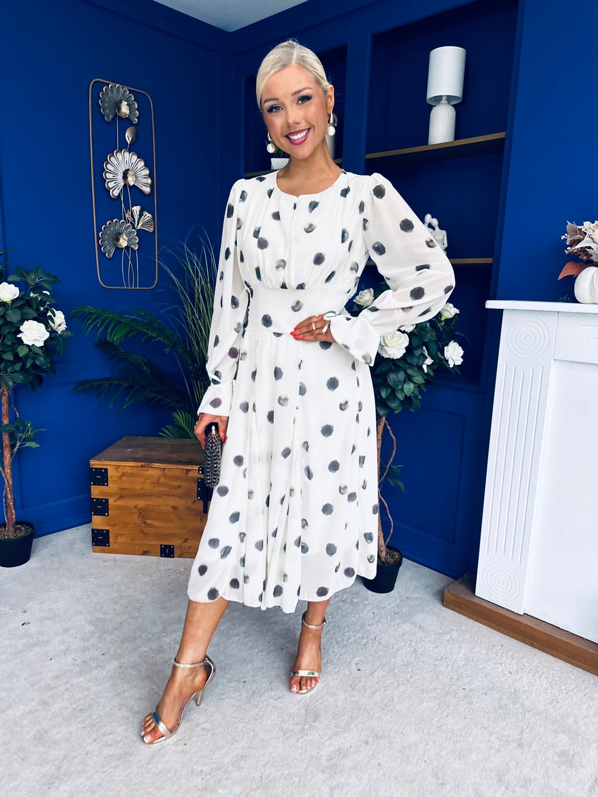Teagan Banded Midi Dress Spot Cream