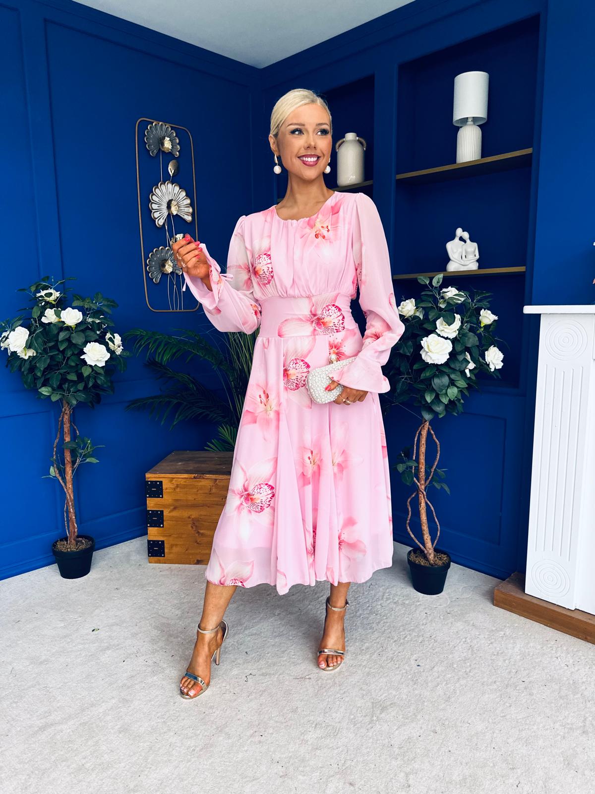 Teagan Banded Midi Dress Floral Baby Pink