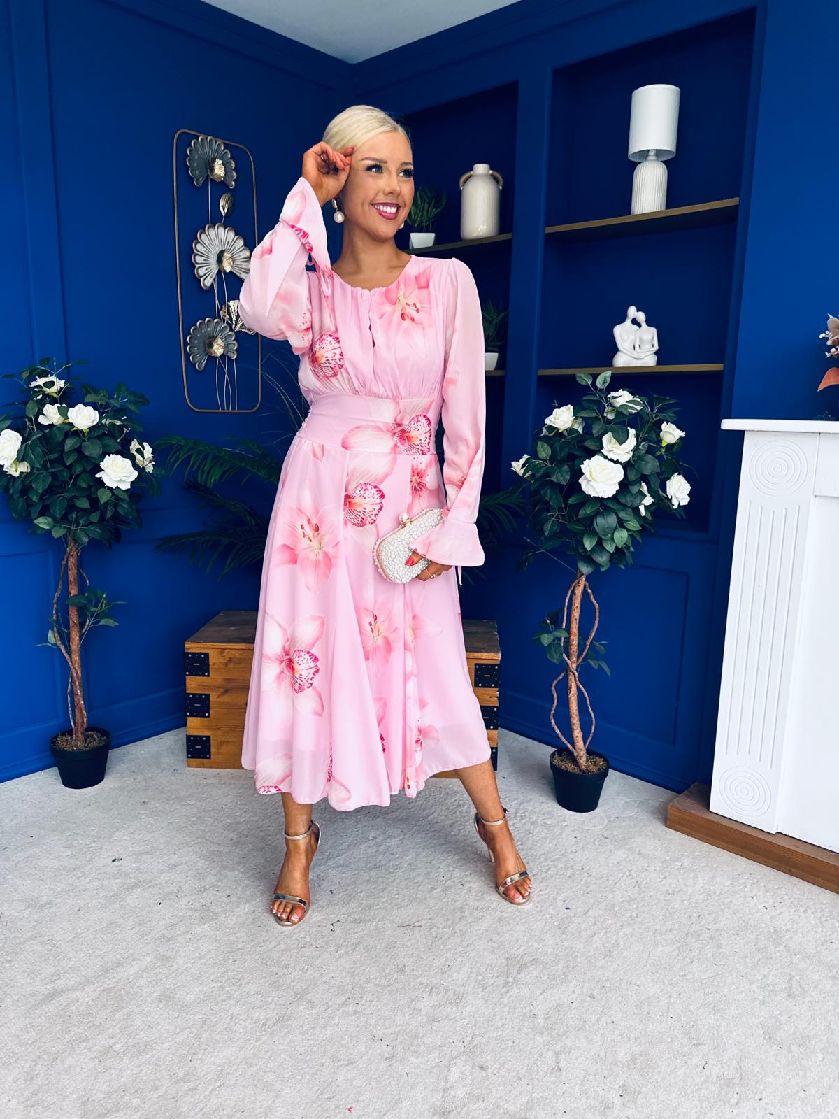 Teagan Banded Midi Dress Floral Baby Pink