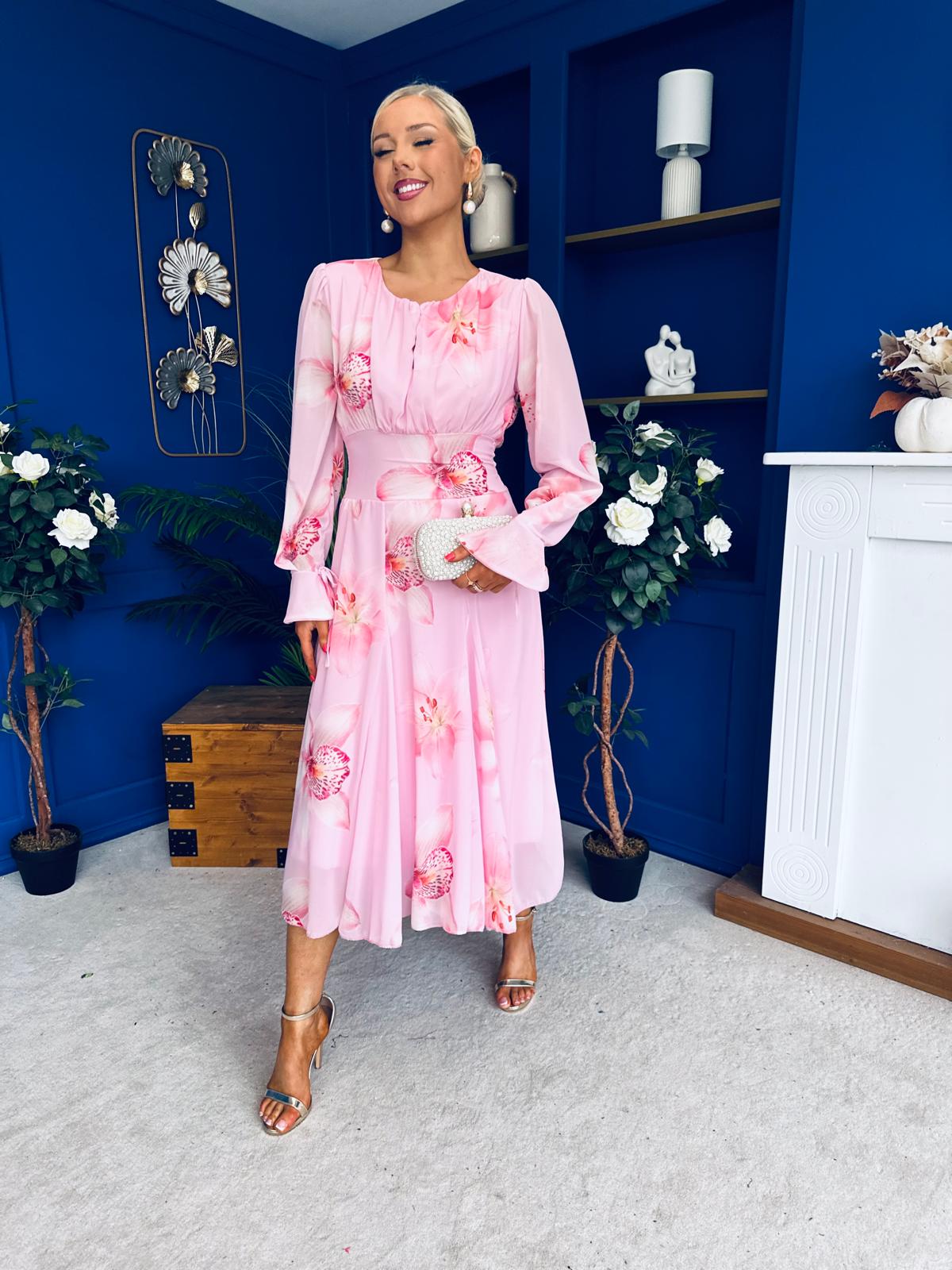 Teagan Banded Midi Dress Floral Baby Pink