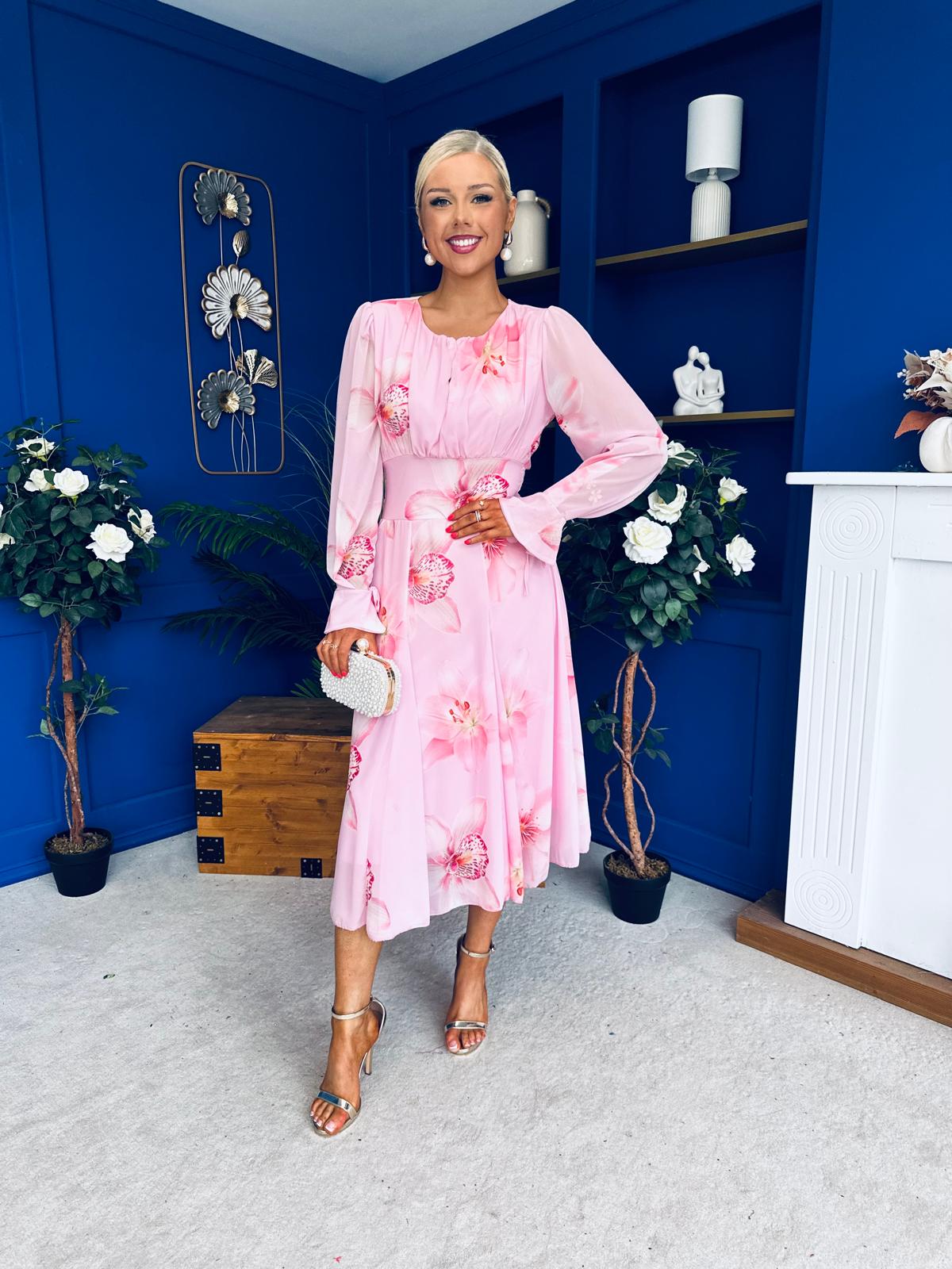 Teagan Banded Midi Dress Floral Baby Pink