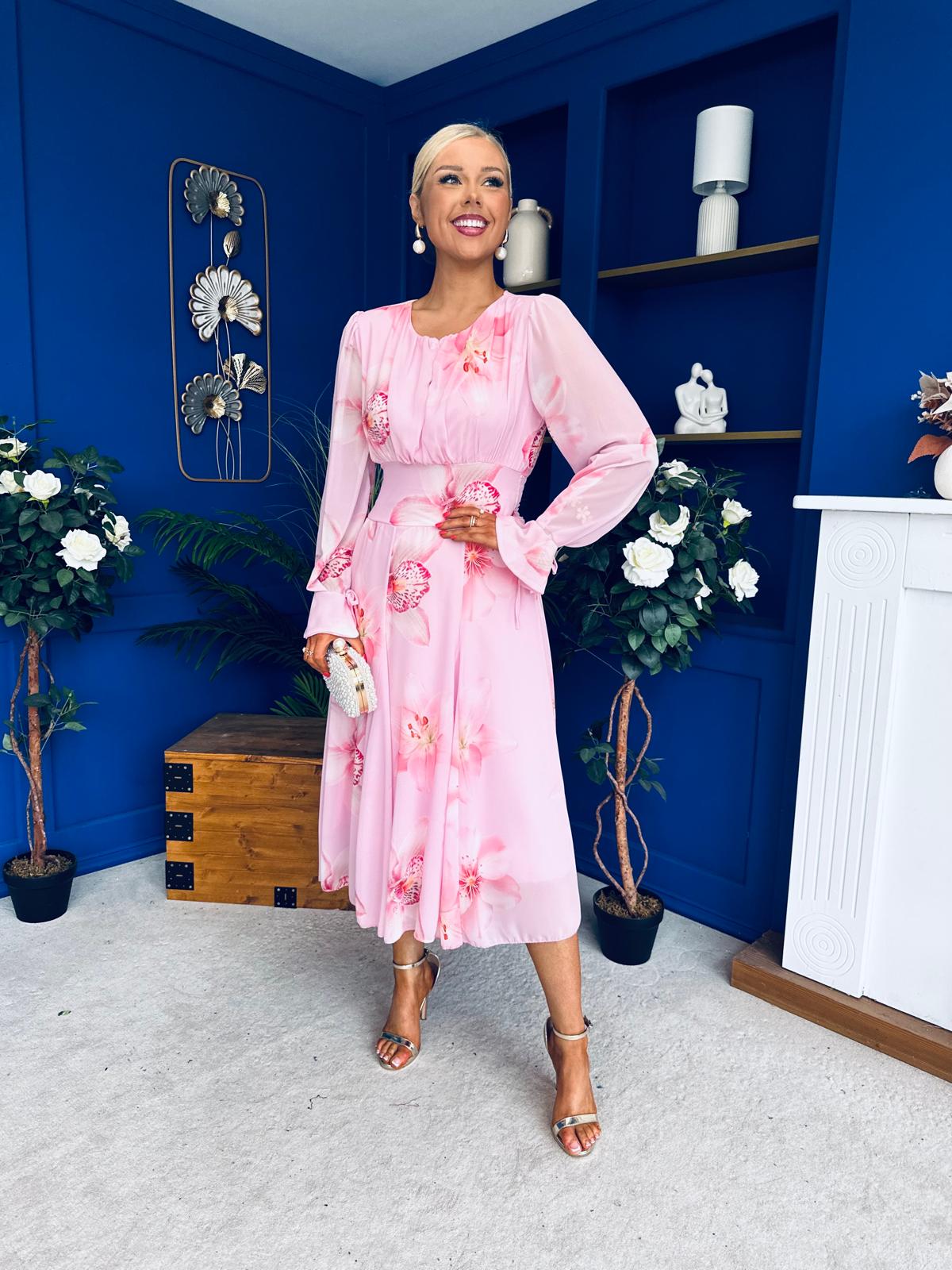 Teagan Banded Midi Dress Floral Baby Pink
