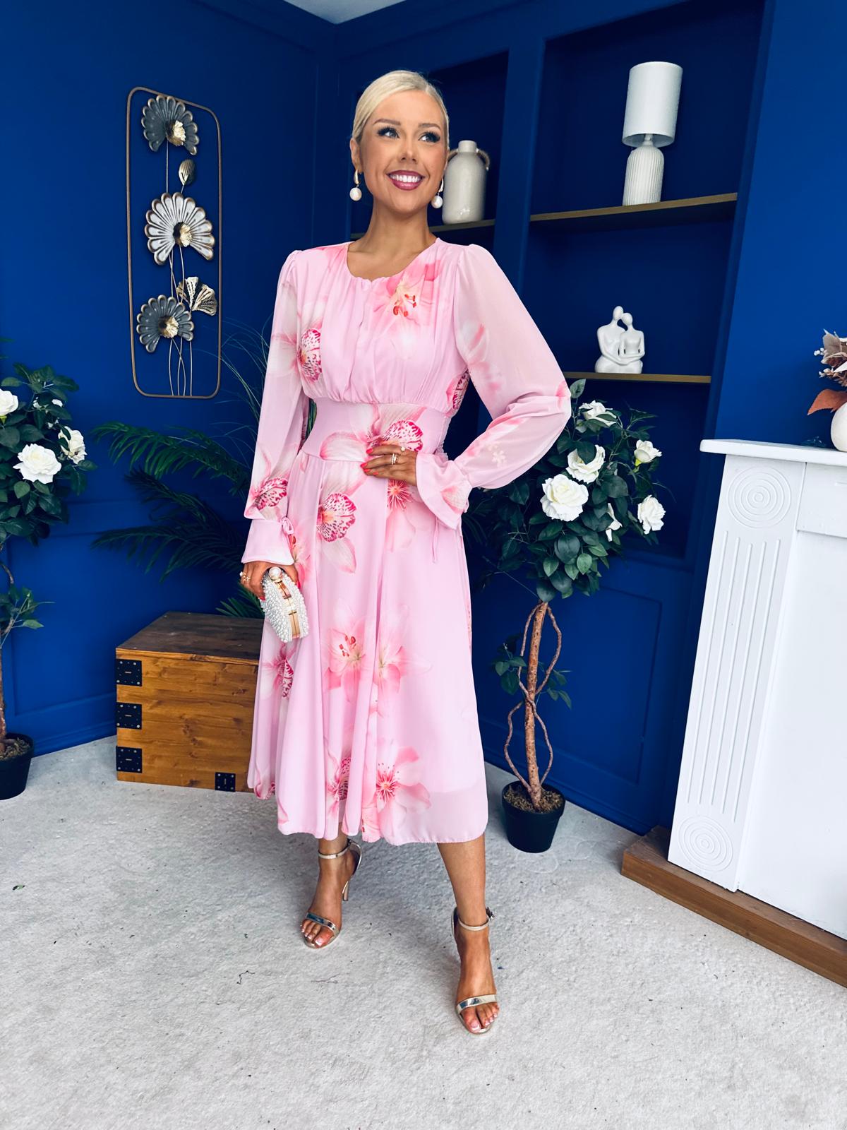 Teagan Banded Midi Dress Floral Baby Pink