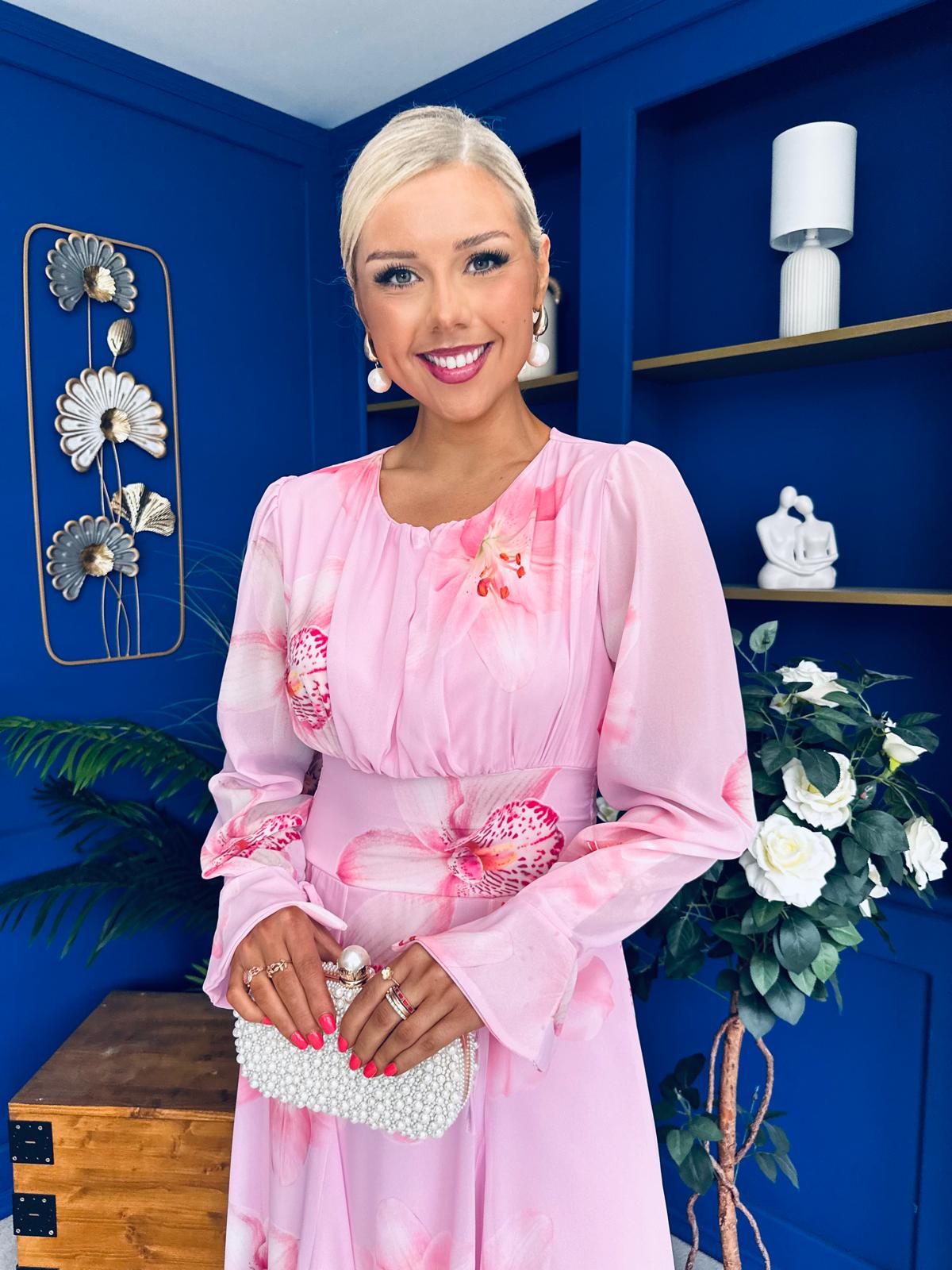 Teagan Banded Midi Dress Floral Baby Pink