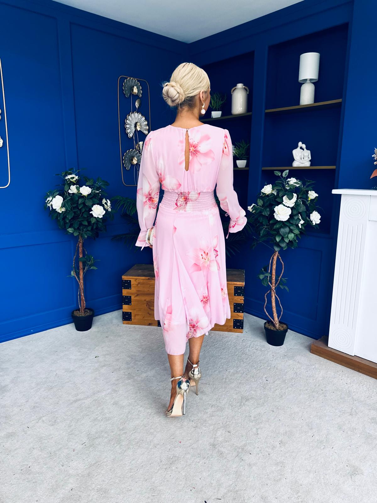 Teagan Banded Midi Dress Floral Baby Pink
