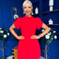 Ami Tulip Sleeve High Neck Mini Dress Red