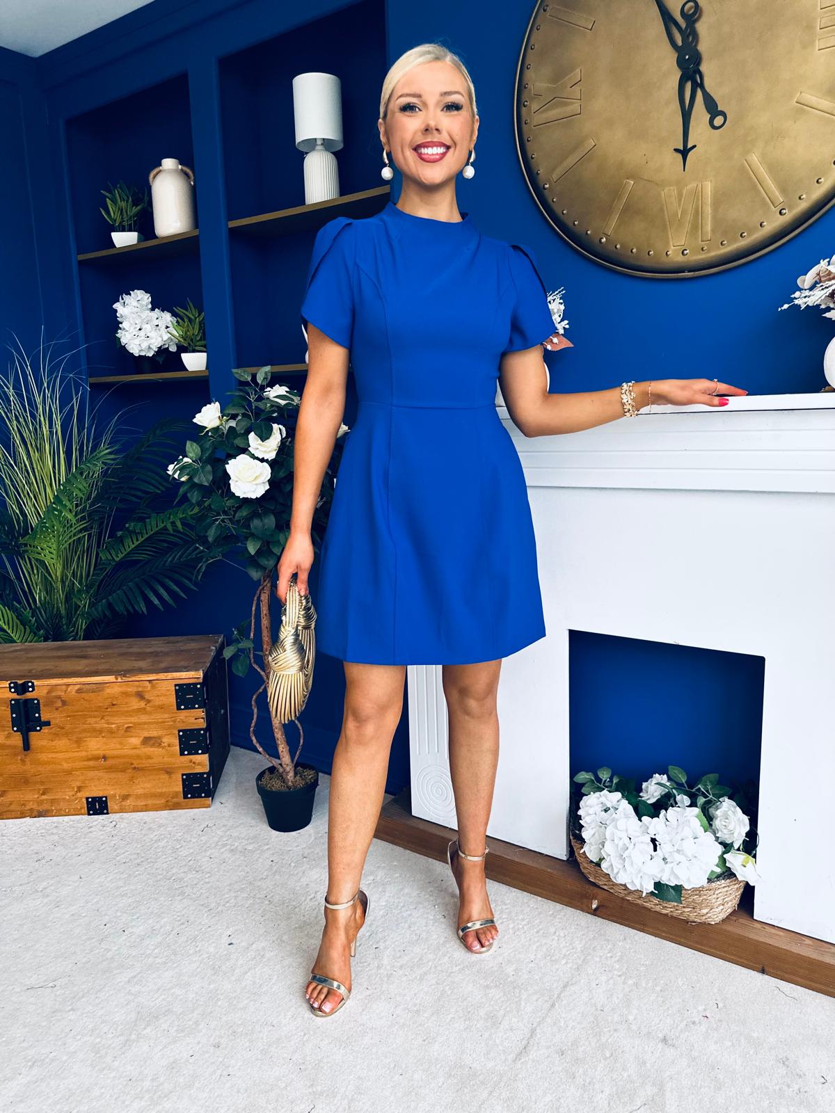Ami Tulip Sleeve High Neck Mini Dress Cobalt