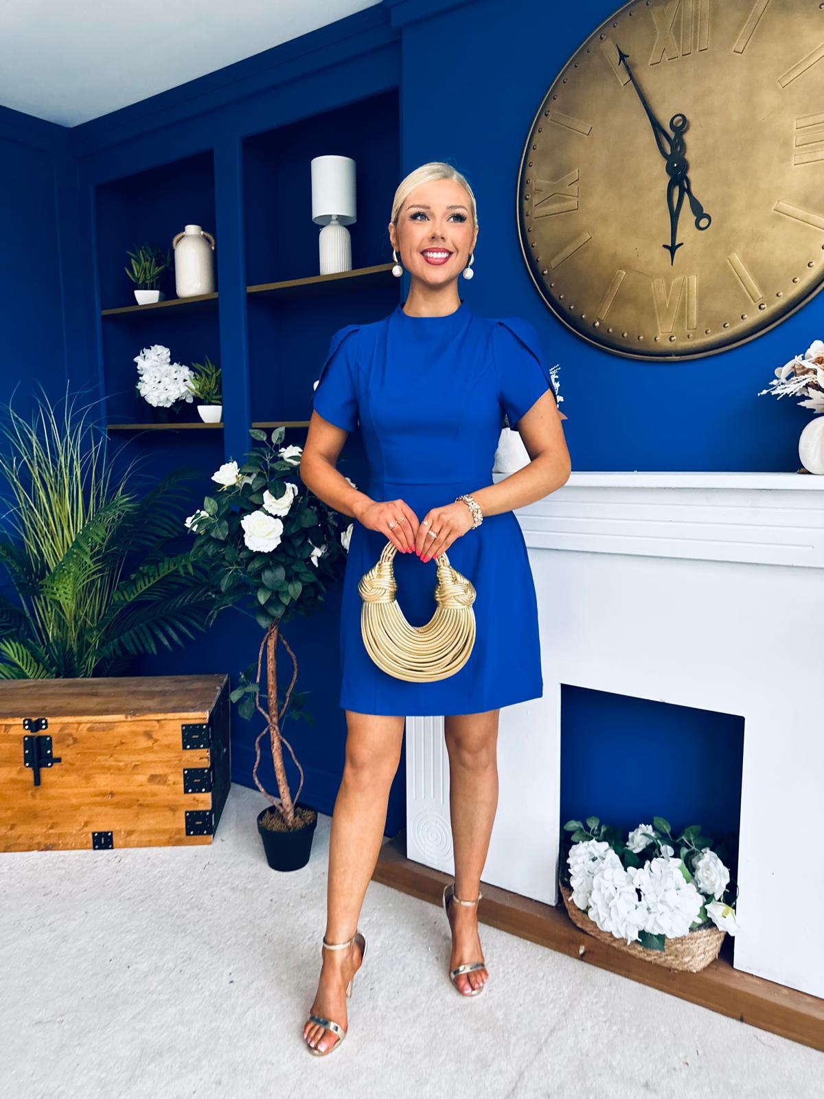 Ami Tulip Sleeve High Neck Mini Dress Cobalt