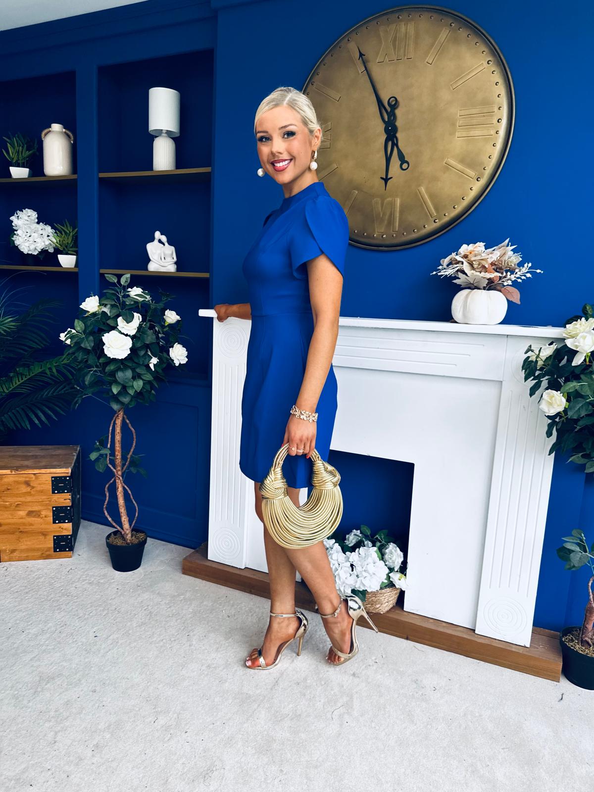 Ami Tulip Sleeve High Neck Mini Dress Cobalt